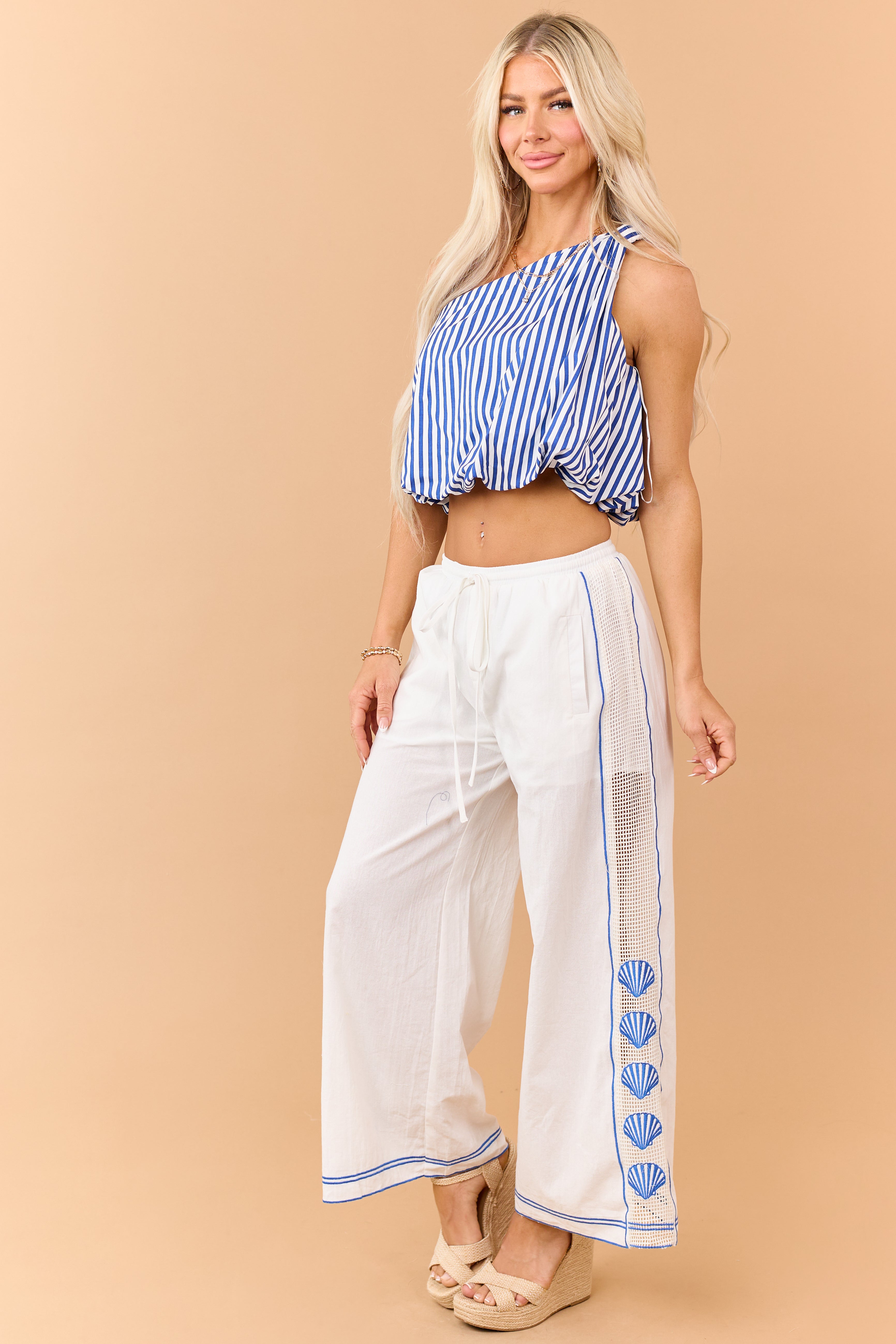 Ivory Open Knit Side Embroidered Shell Cotton Pants