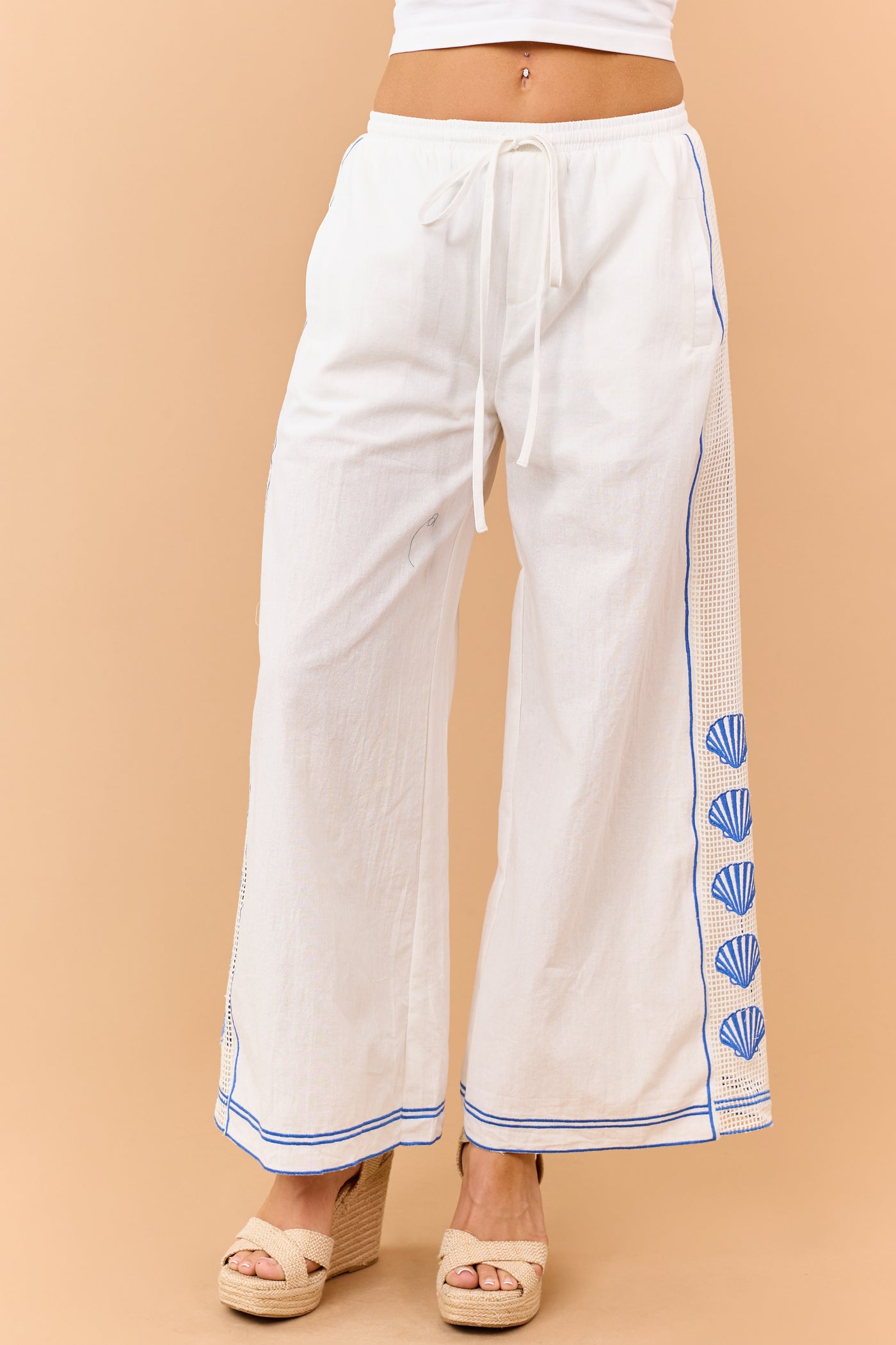 Ivory Open Knit Side Embroidered Shell Cotton Pants
