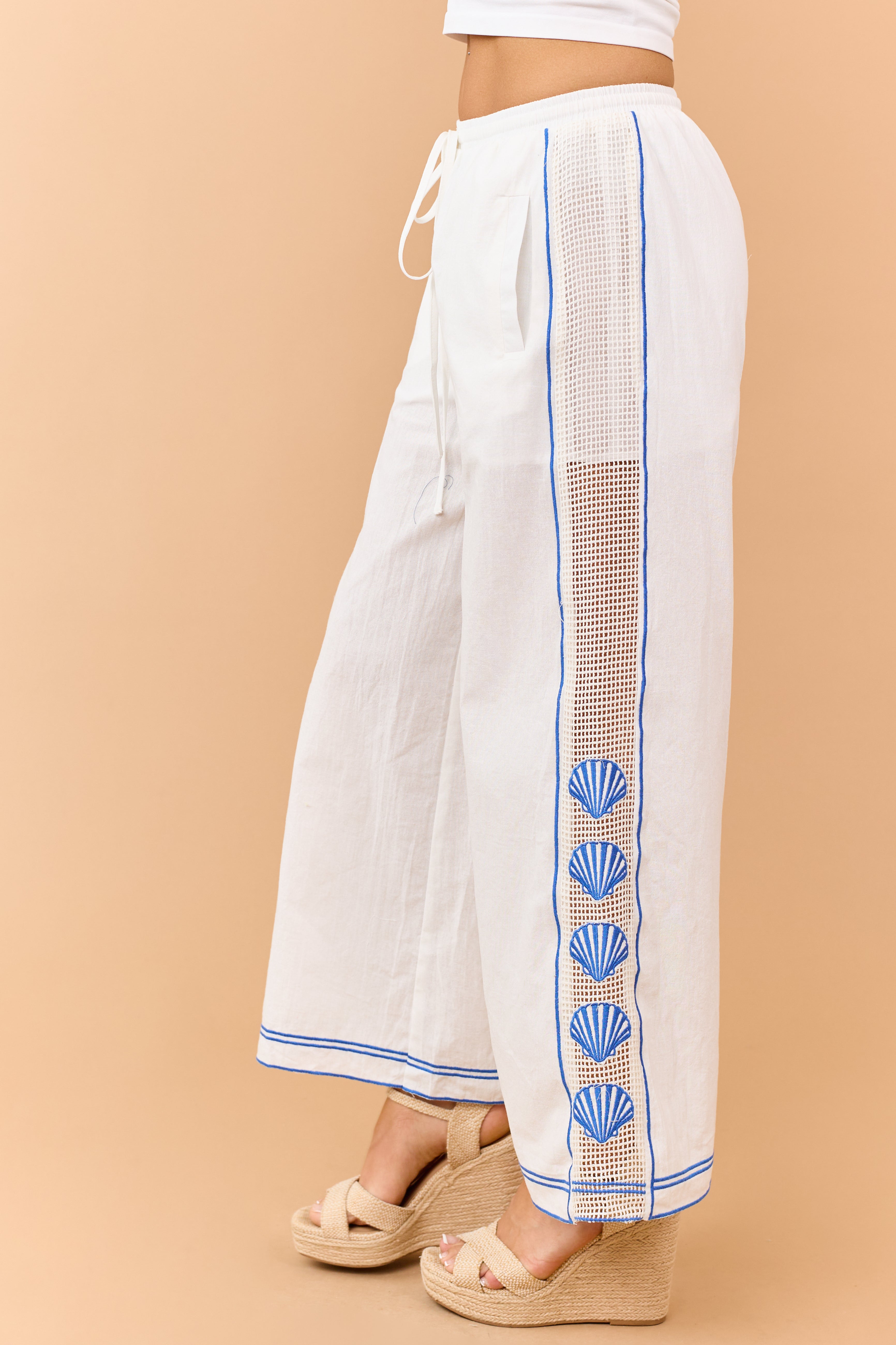 Ivory Open Knit Side Embroidered Shell Cotton Pants | Lime Lush