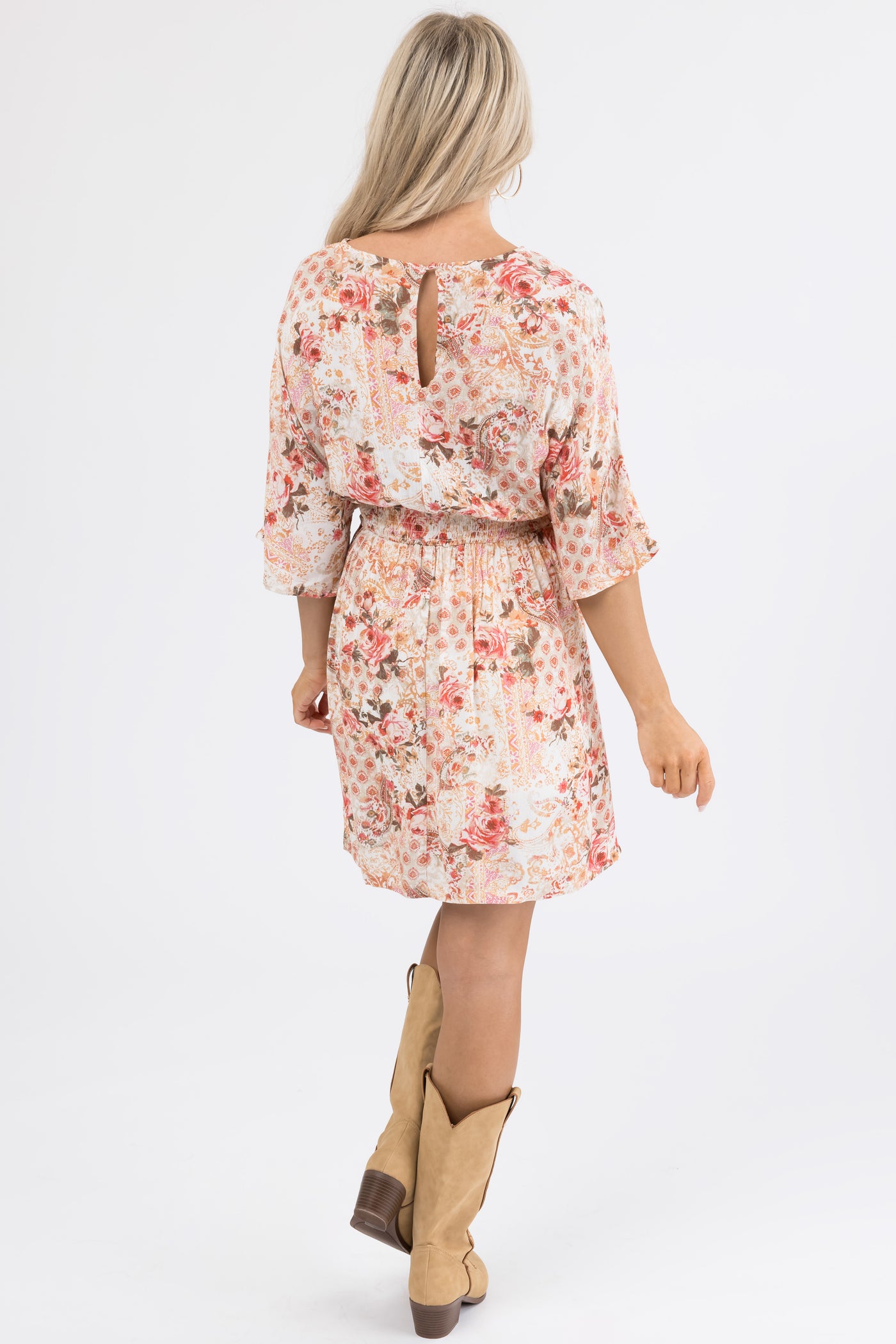 Ivory Paisley Print Kimono Sleeve Mini Dress