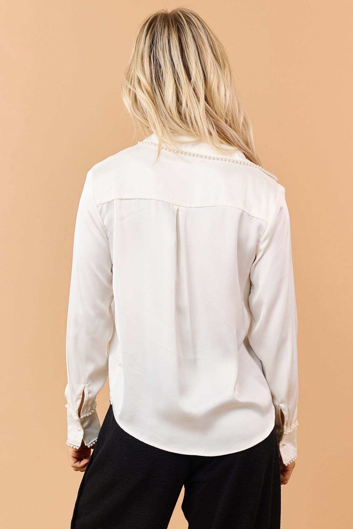 Ivory Pearl Trim Satin Long Sleeve Blouse