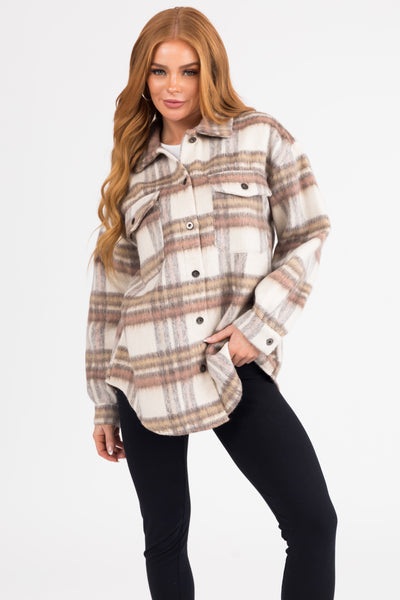 Ivory Plaid Long Sleeve Button Down Shacket