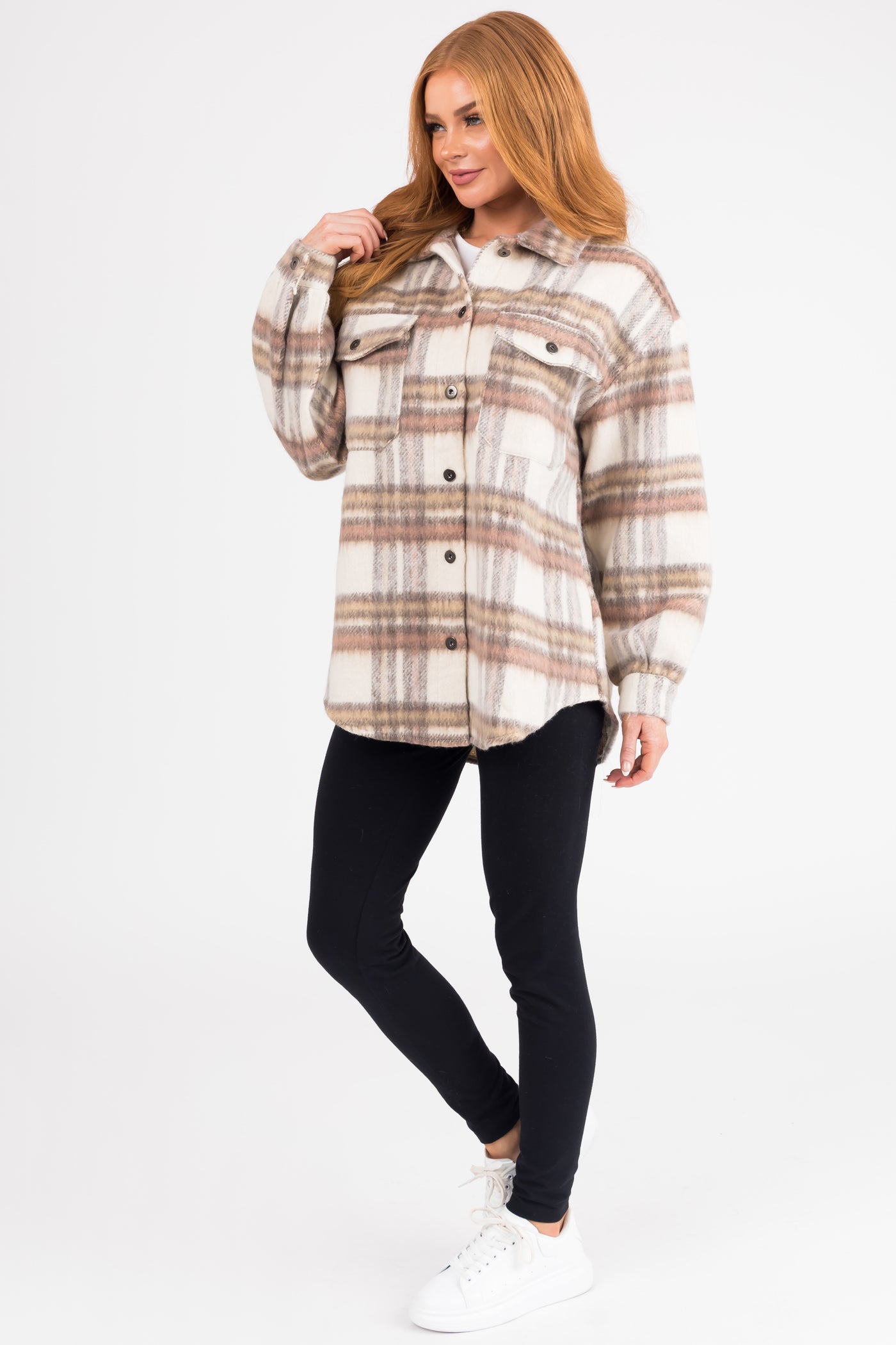 Ivory Plaid Long Sleeve Button Down Shacket