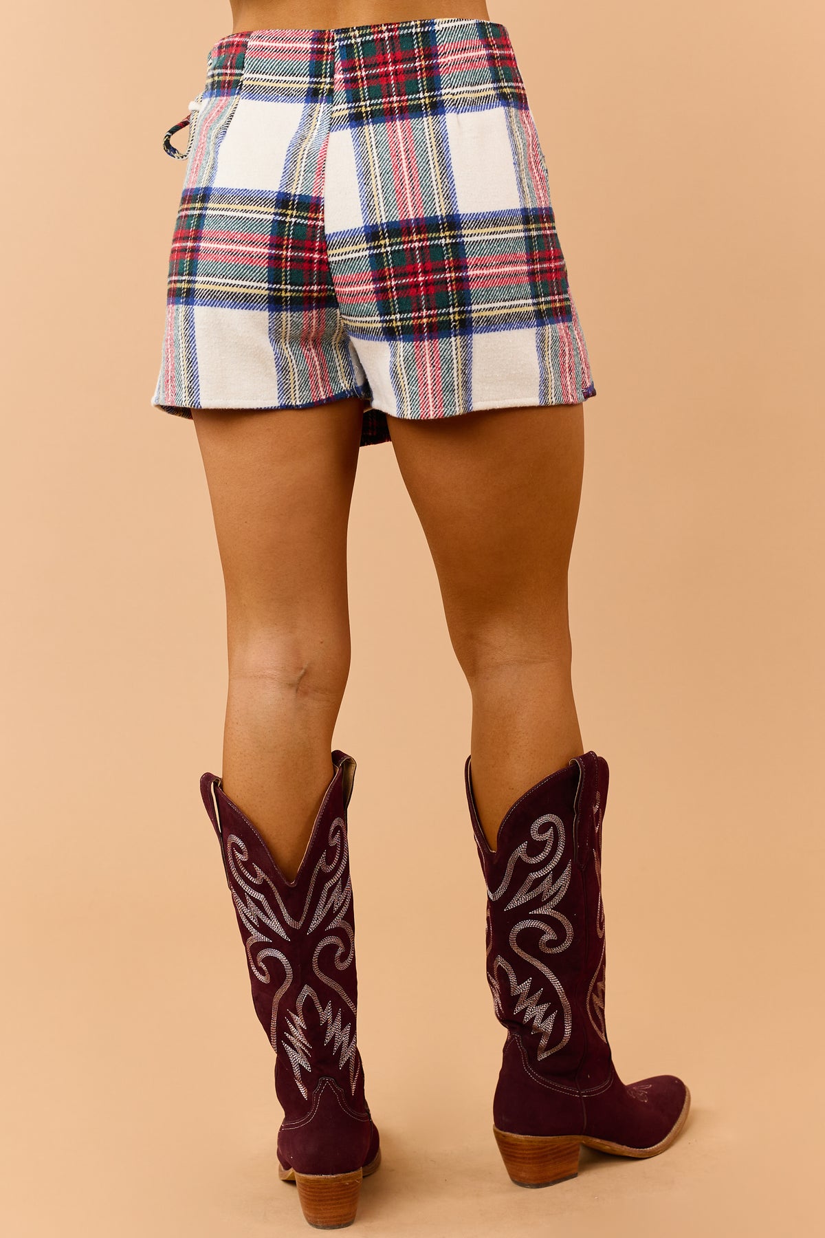 Ivory Plaid Wrap Front Side Tie Mini Skort