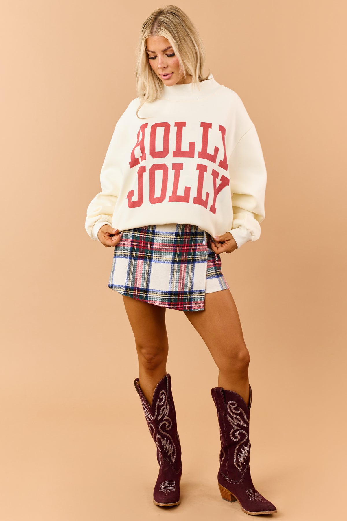 Ivory Plaid Wrap Front Side Tie Mini Skort