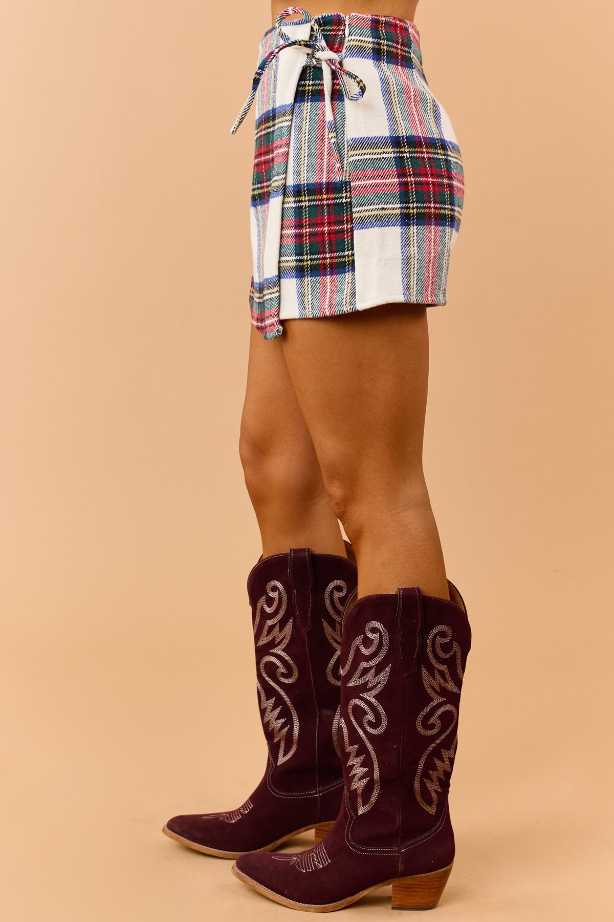 Ivory Plaid Wrap Front Side Tie Mini Skort