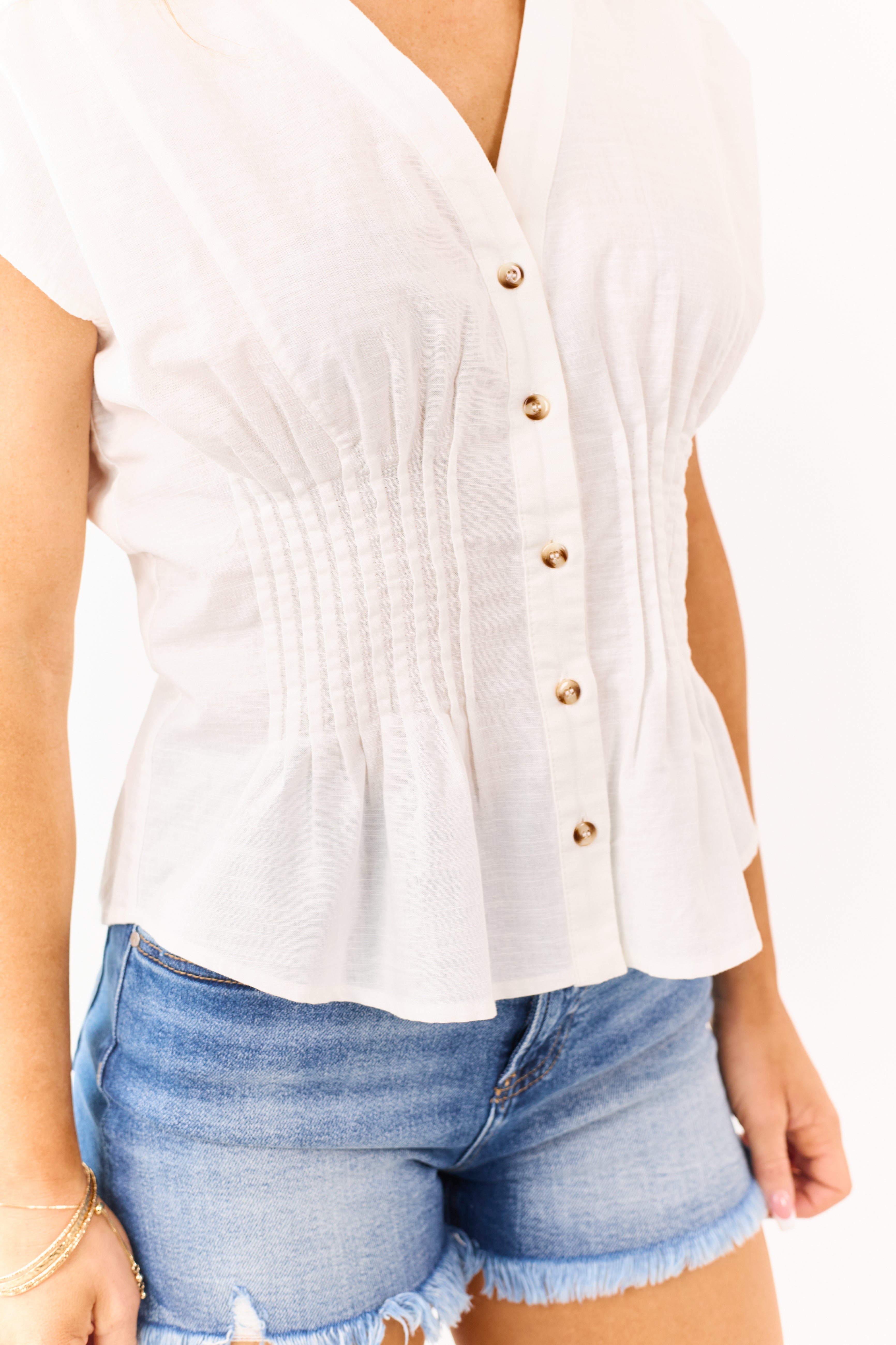 Ivory Pleated Linen Blend Button Down Top