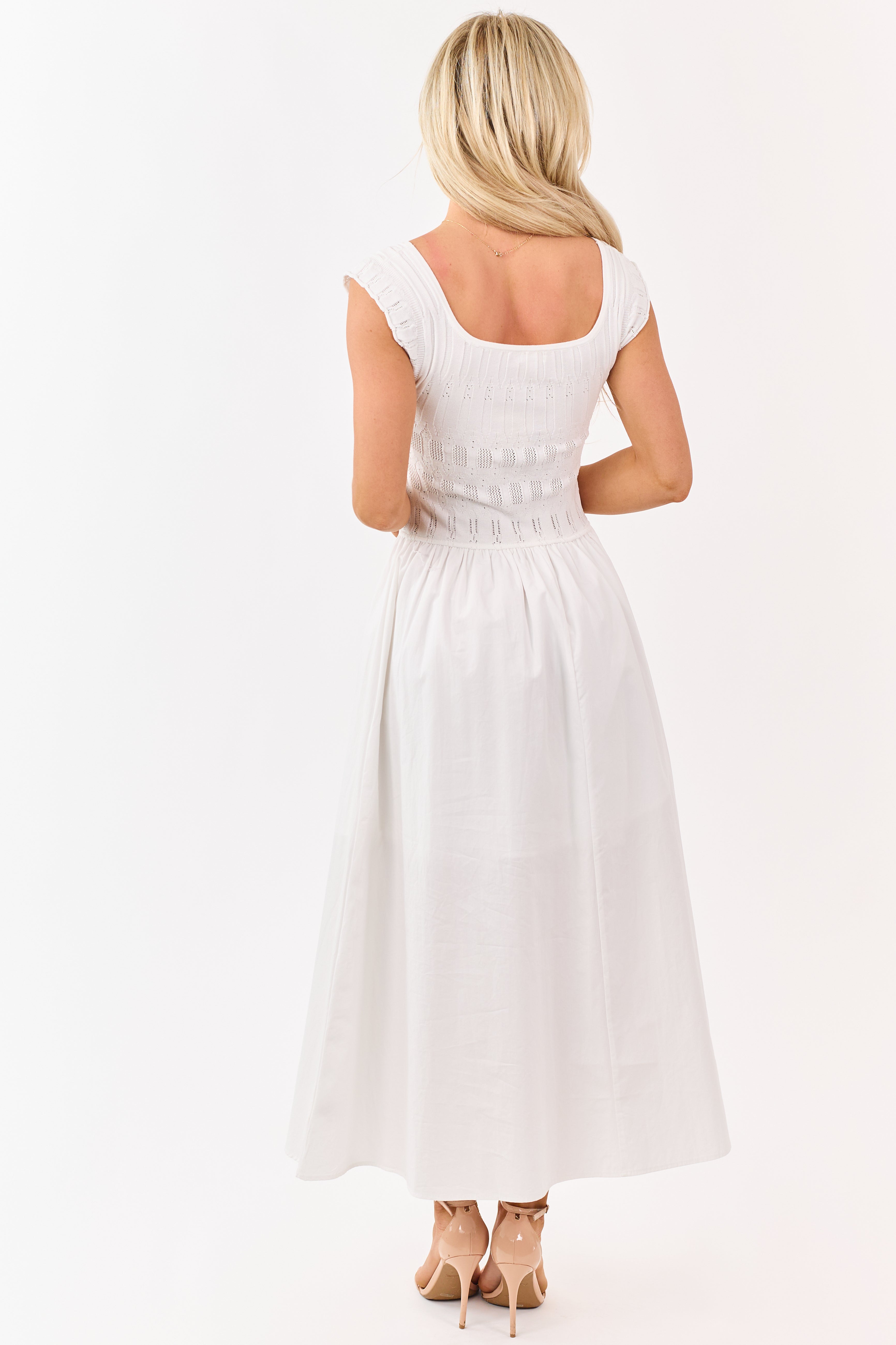 Ivory Pointelle Knit Cotton Skirt Midi Dress