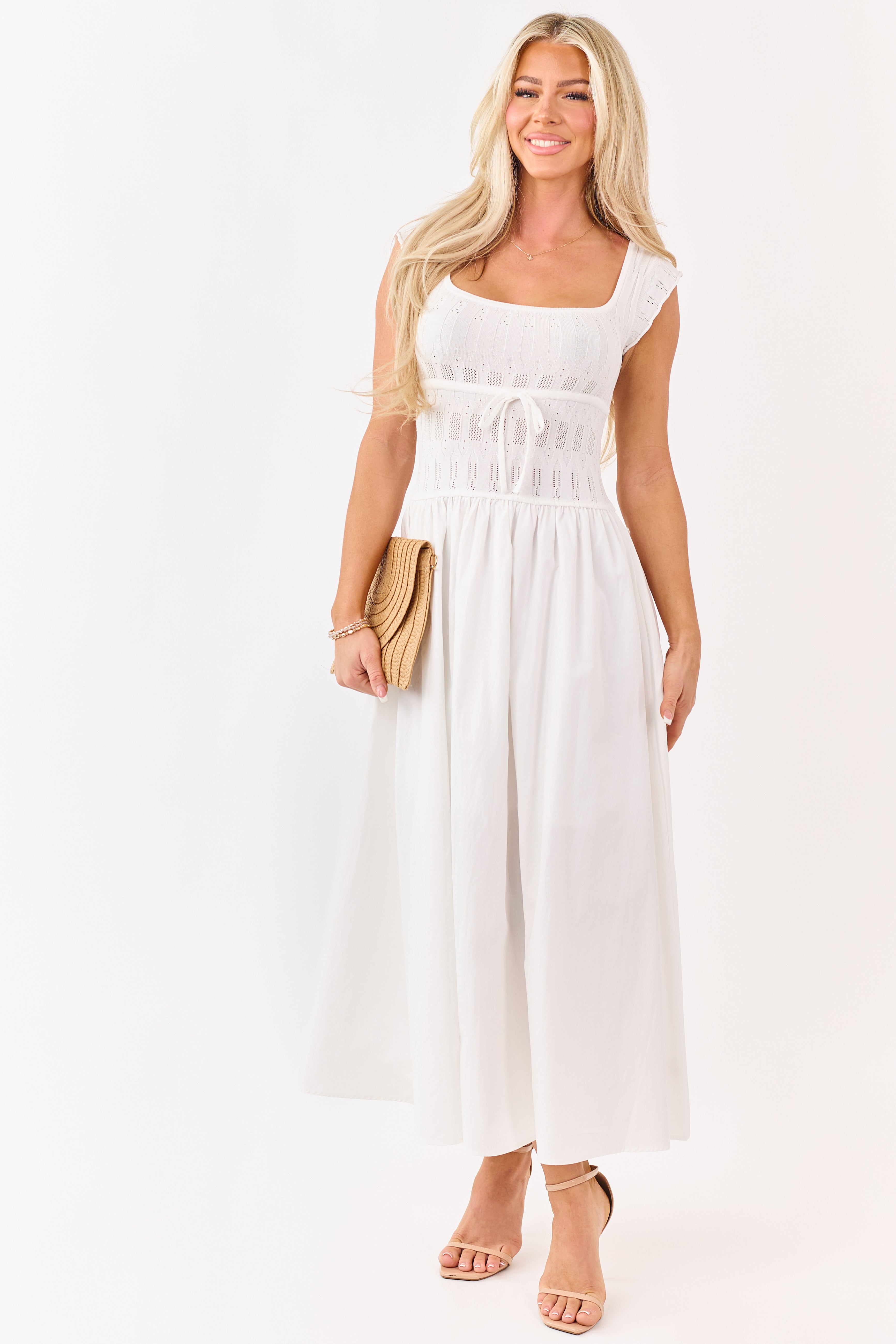 Ivory Pointelle Knit Cotton Skirt Midi Dress