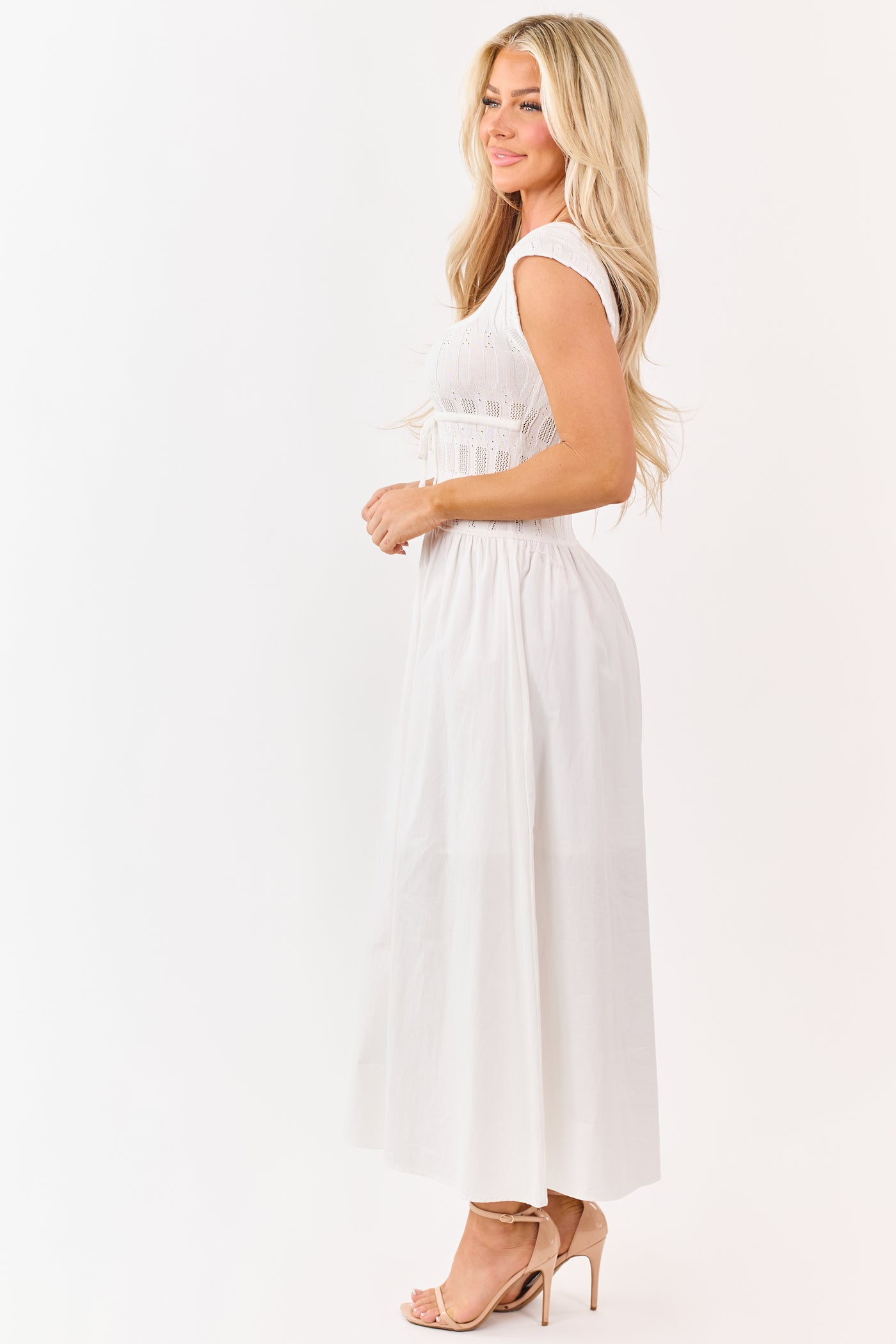 white christmas dresses Ivory Pointelle Knit Cotton Skirt Midi Dress