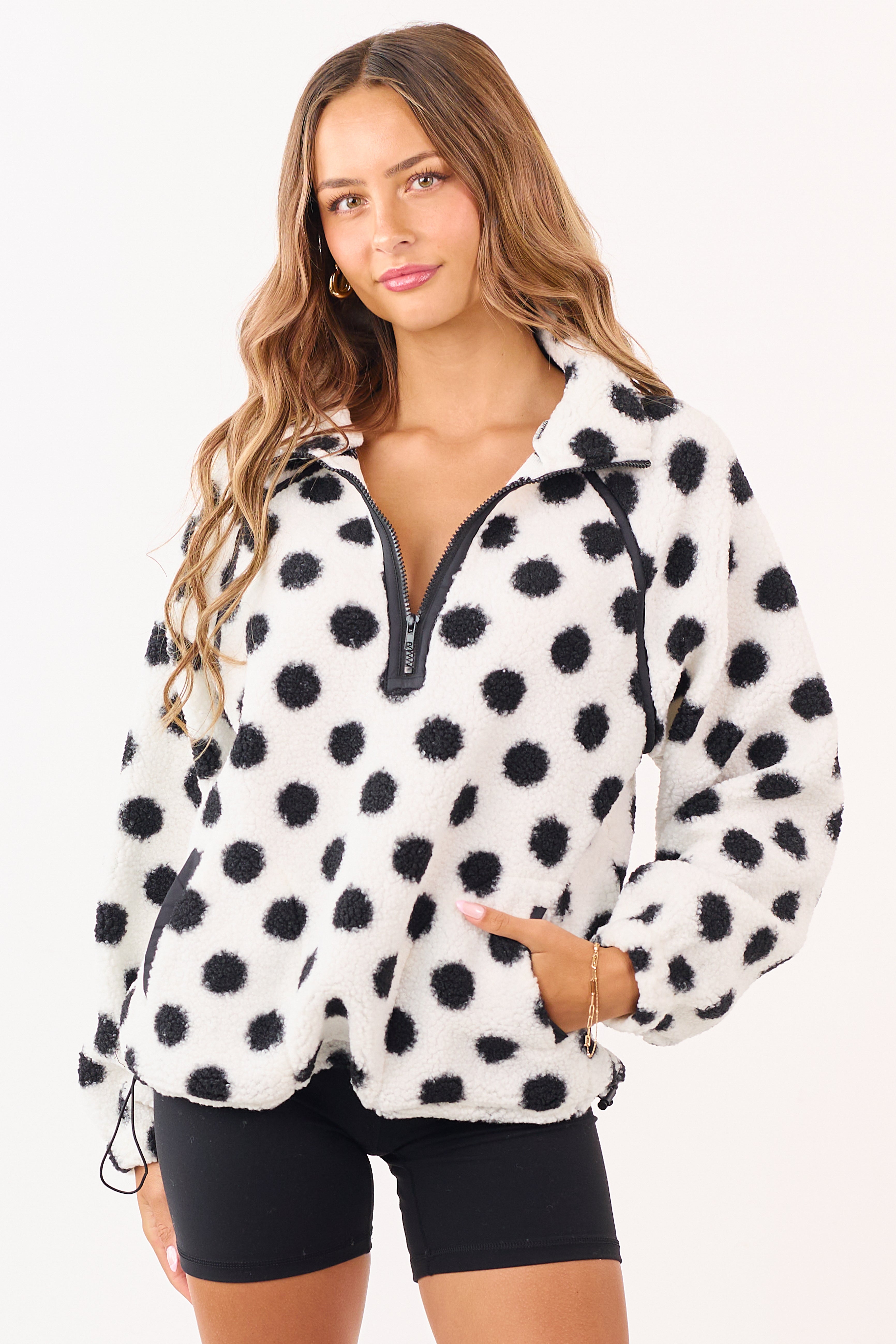 Ivory Polka Dot Half Zip Collared Fleece Pullover