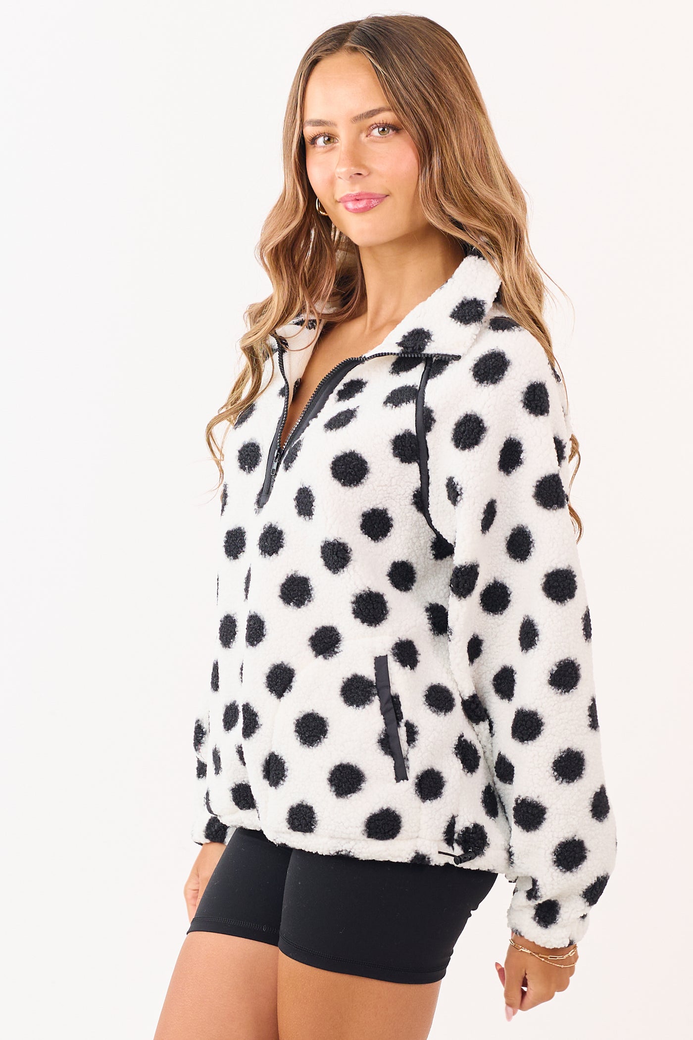 Ivory Polka Dot Half Zip Collared Fleece Pullover