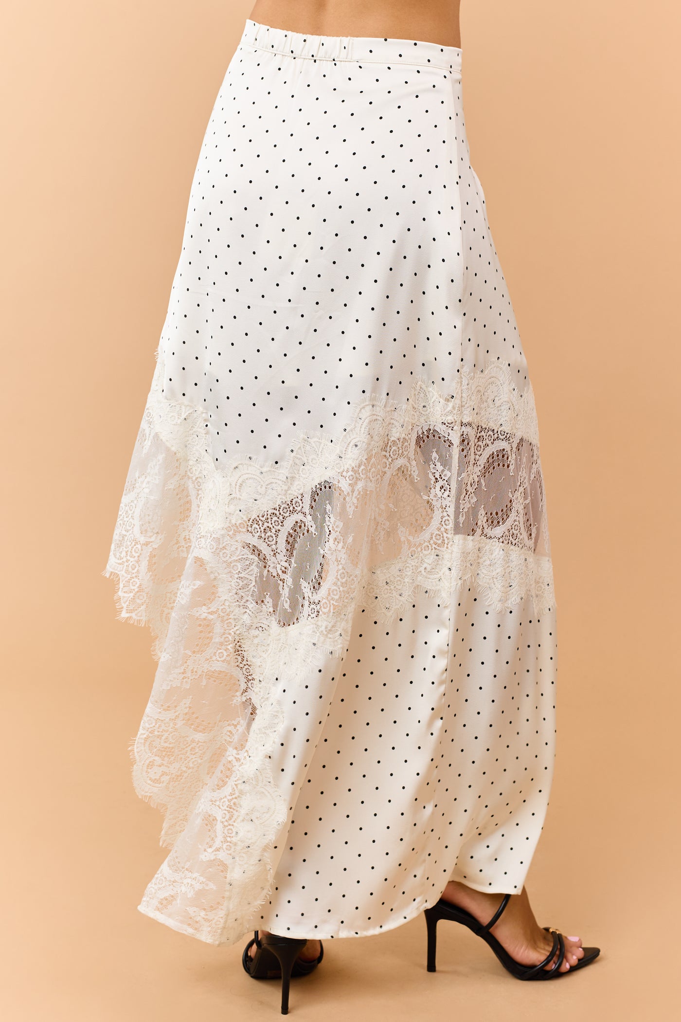 Ivory Polka Dot Satin Lace Contrast Maxi Skirt