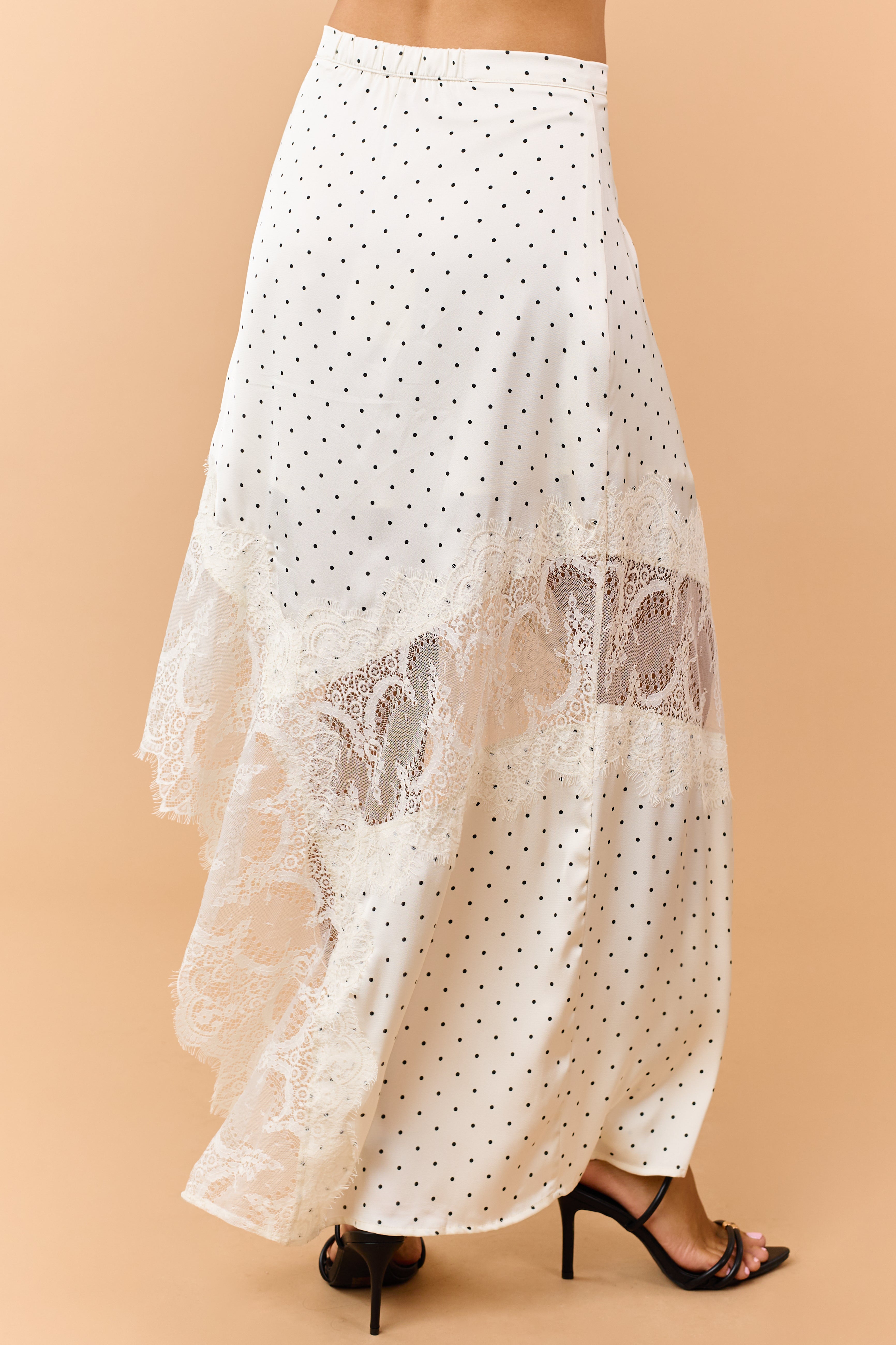 Ivory Polka Dot Satin Lace Contrast Maxi Skirt