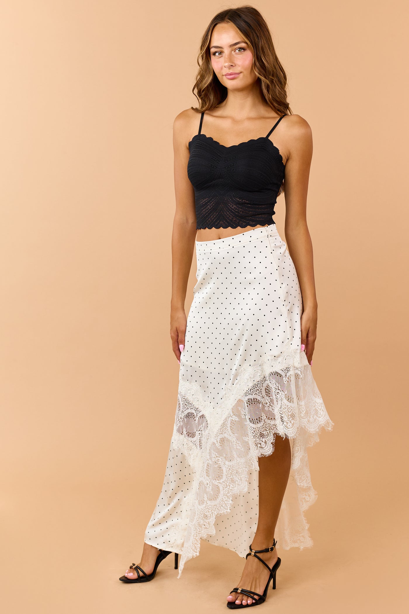 Ivory Polka Dot Satin Lace Contrast Maxi Skirt