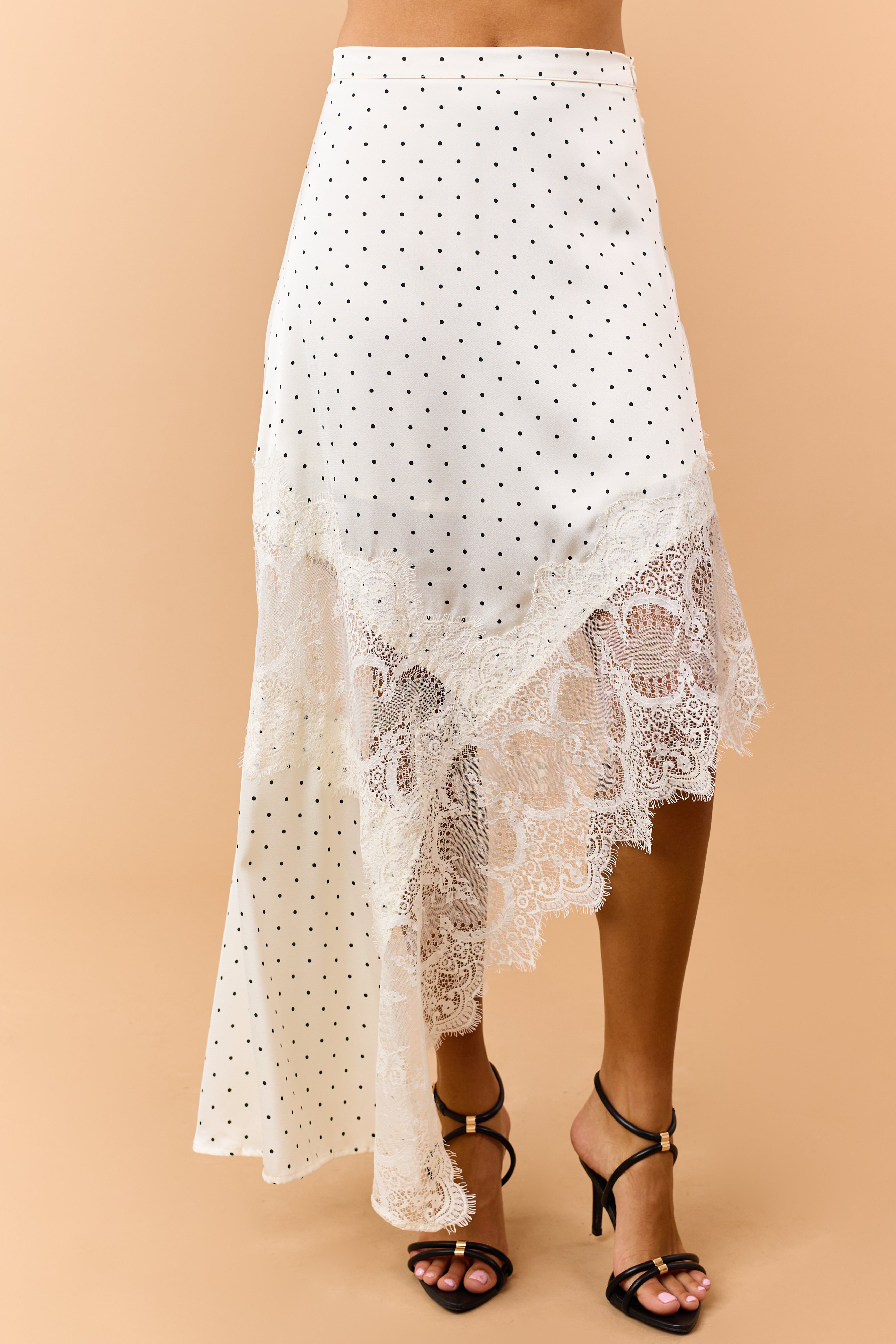 Ivory Polka Dot Satin Lace Contrast Maxi Skirt