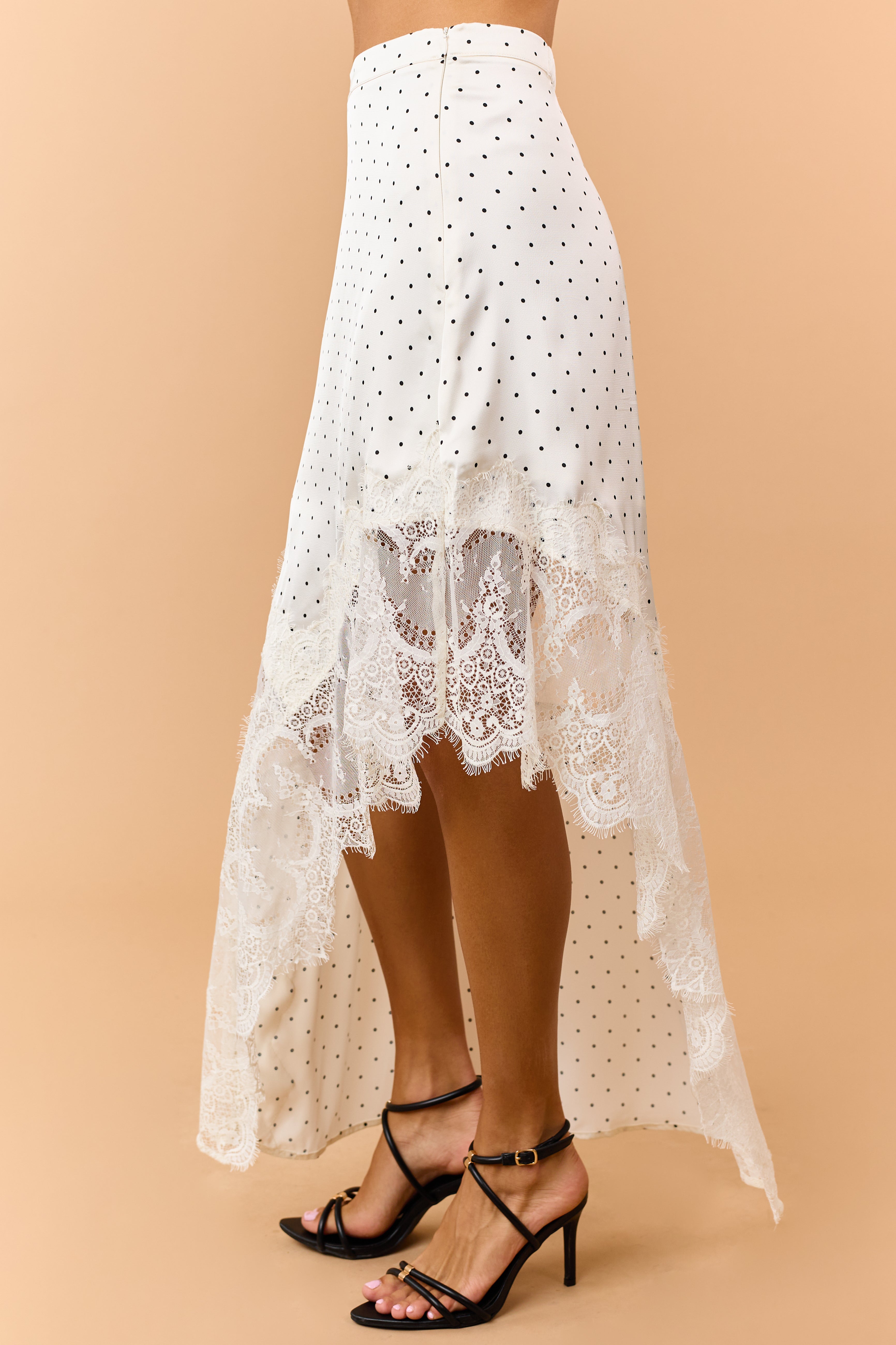 Ivory Polka Dot Satin Lace Contrast Maxi Skirt