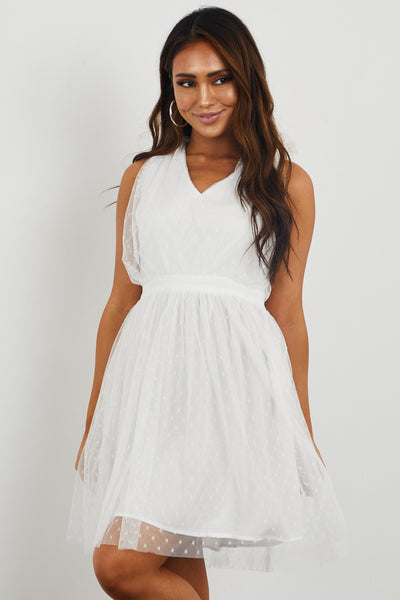 Ivory Polka Dot Tulle Sleeveless Short Dress