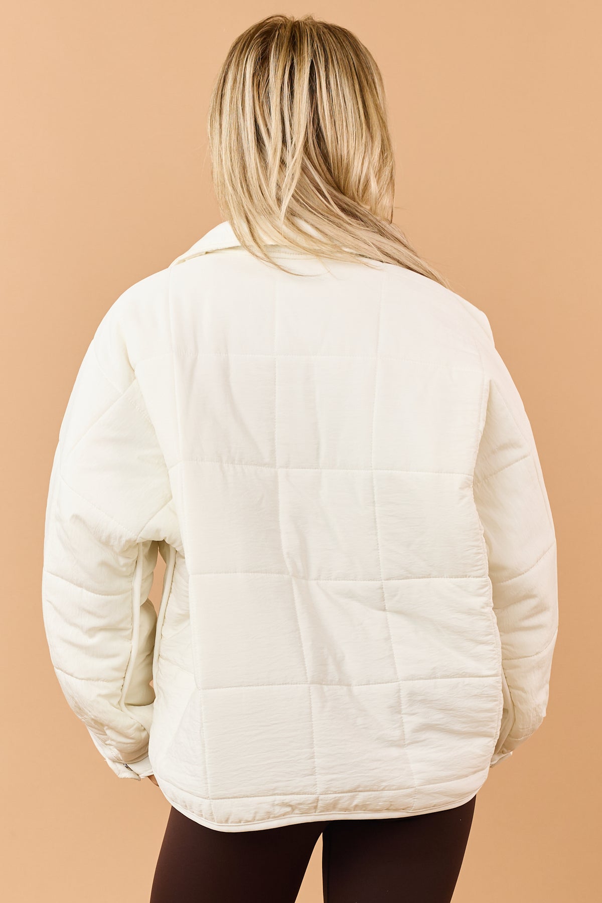 Ivory Quilted Zip Up Mock Neck Puffer Jacket