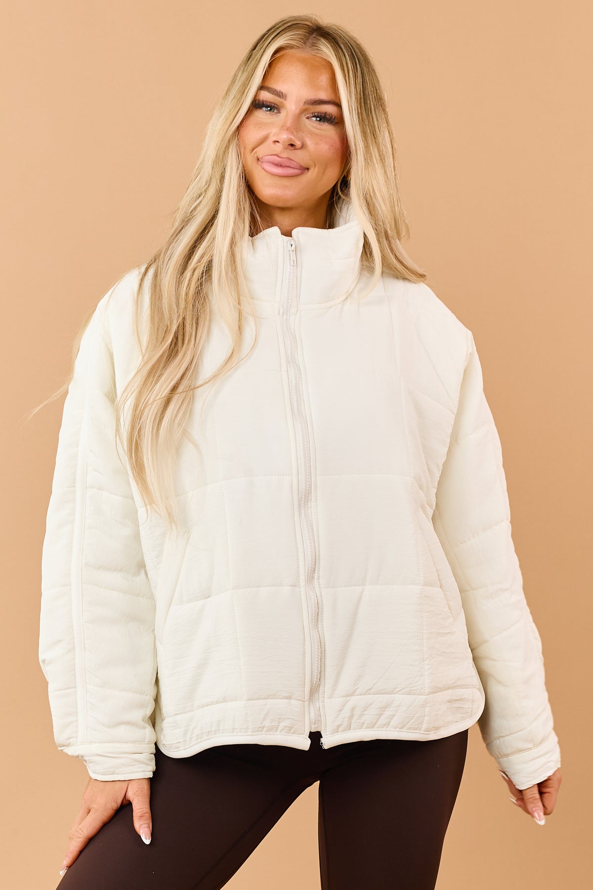 Ivory Quilted Zip Up Mock Neck Puffer Jacket