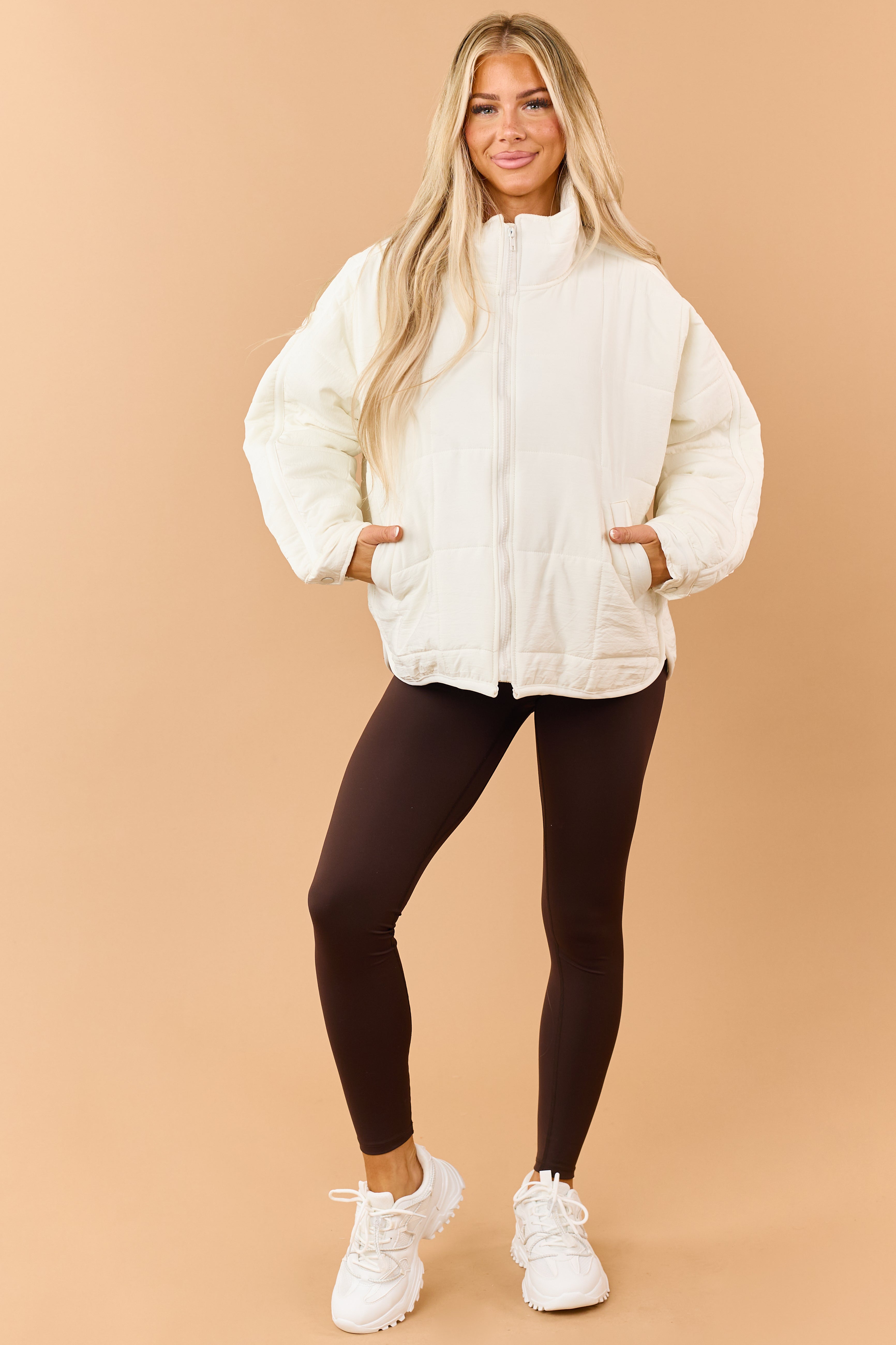 Ivory Quilted Zip Up Mock Neck Puffer Jacket | Lime Lush Boutique