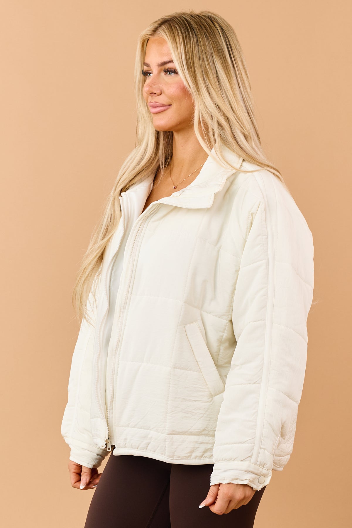 Ivory Quilted Zip Up Mock Neck Puffer Jacket