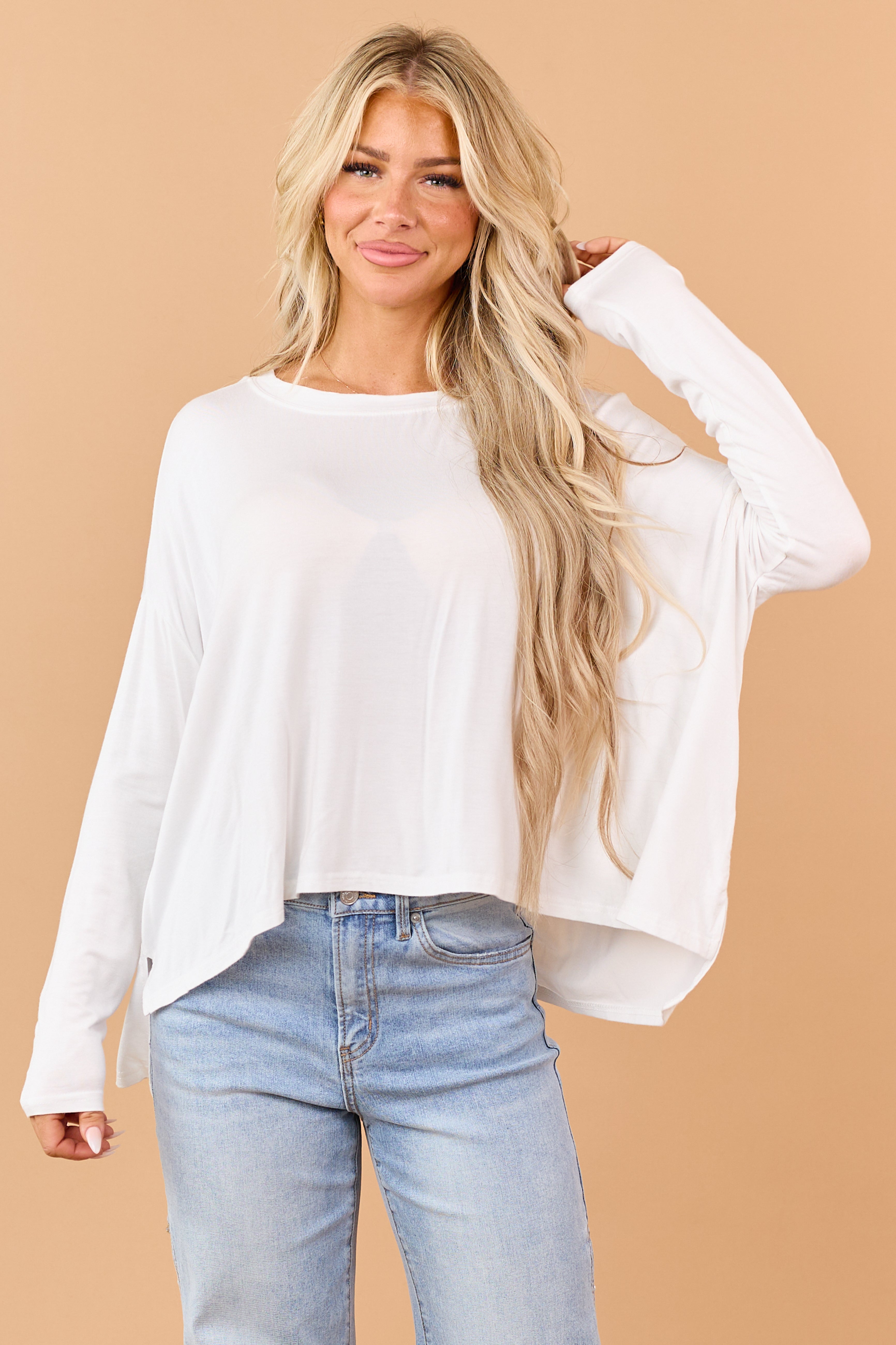 Ivory Relaxed Boxy Boatneck Long Sleeve Top