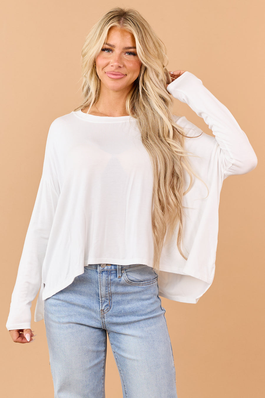 Ivory Relaxed Boxy Boatneck Long Sleeve Top