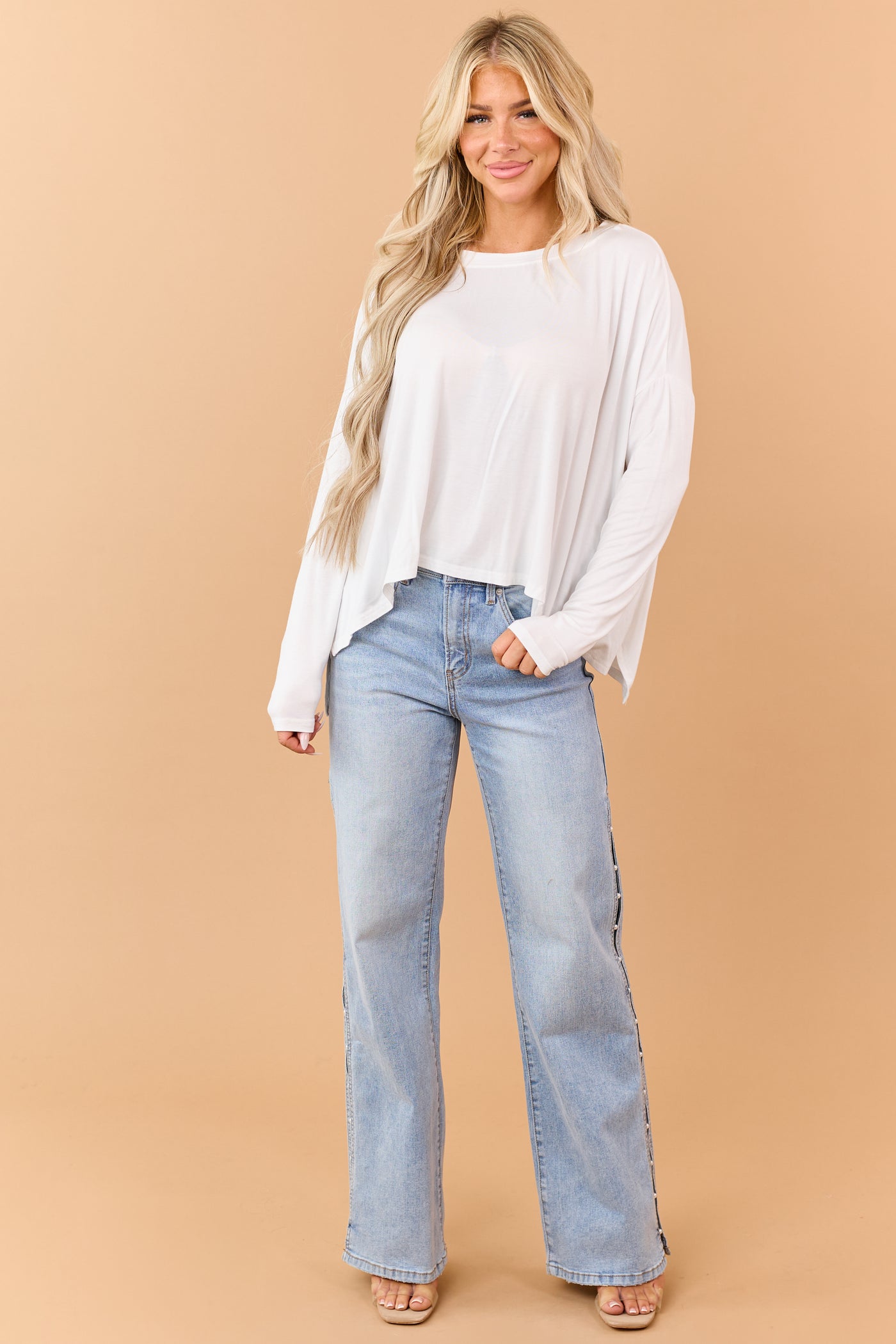 Ivory Relaxed Boxy Boatneck Long Sleeve Top