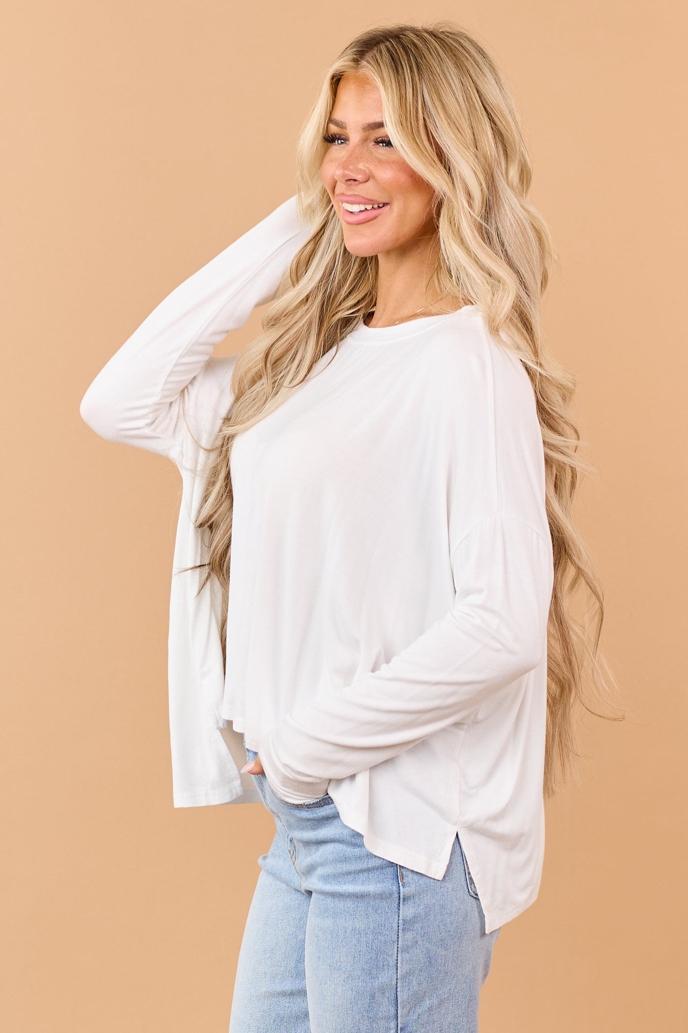 Ivory Relaxed Boxy Boatneck Long Sleeve Top
