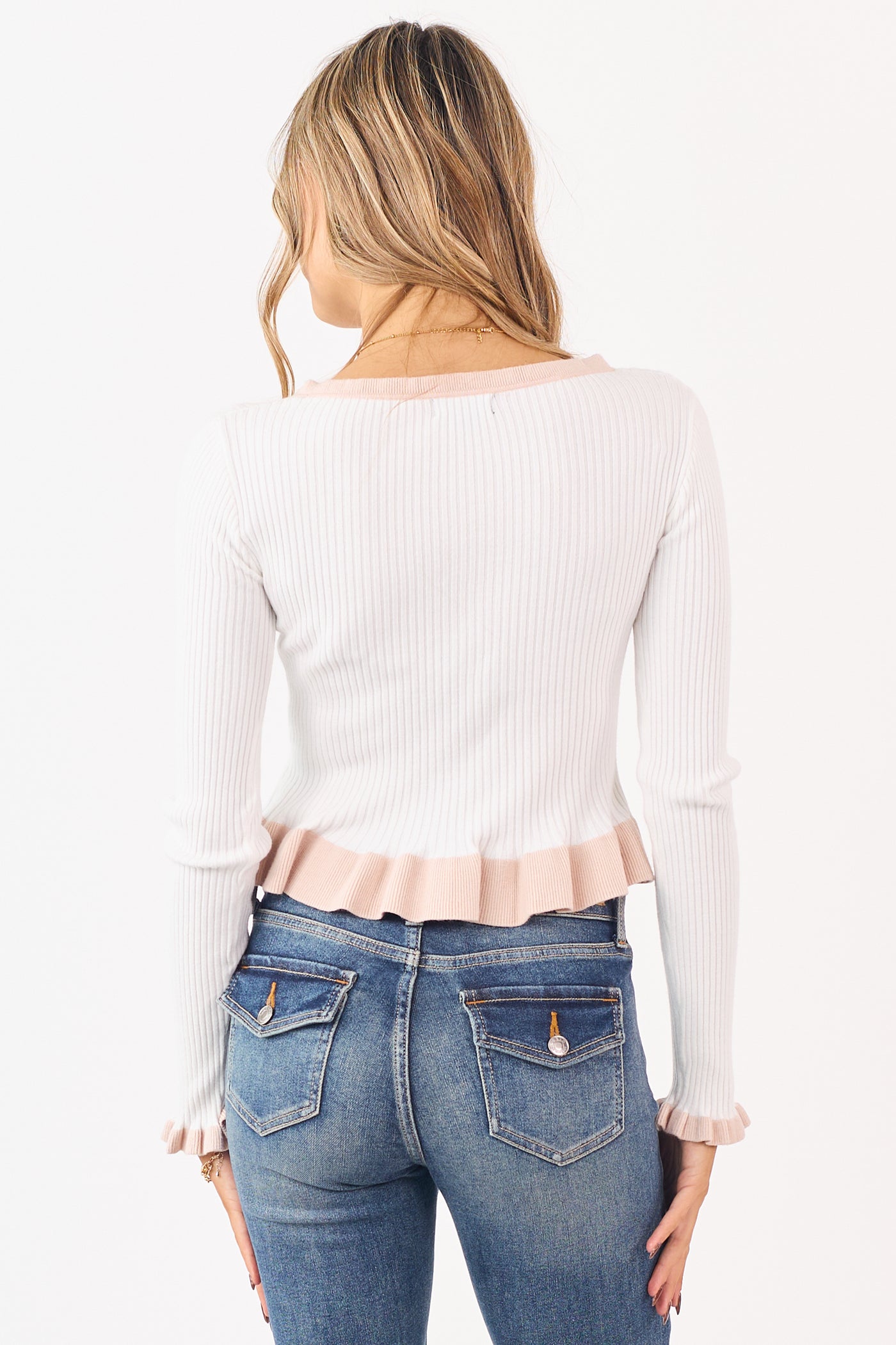 Ivory Rib Knit Contrast Ruffle Trim Button Down Top
