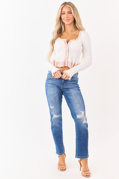 Ivory Rib Knit Contrast Ruffle Trim Button Down Top