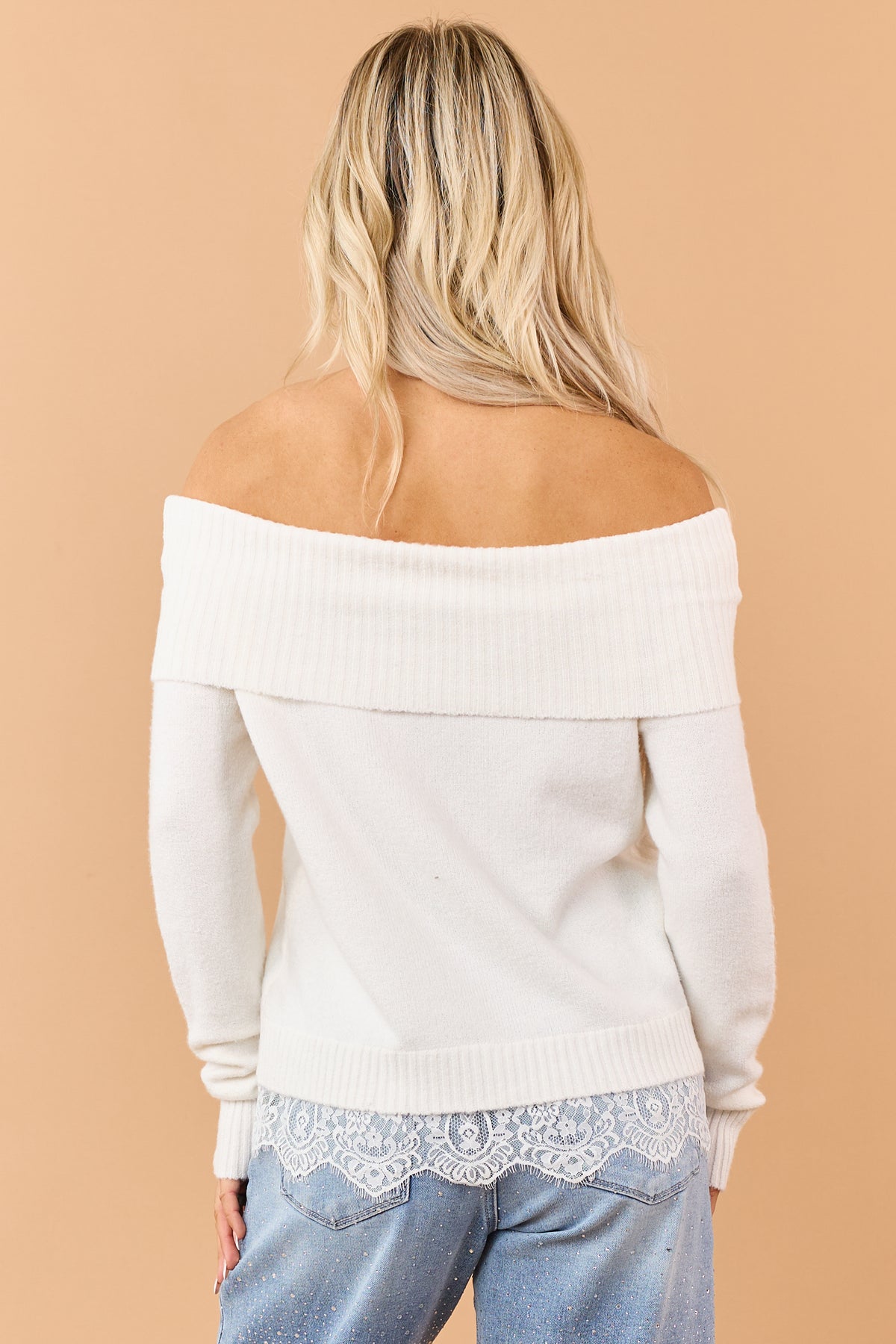 Ivory Rib Knit Off Shoulder Lace Hem Sweater
