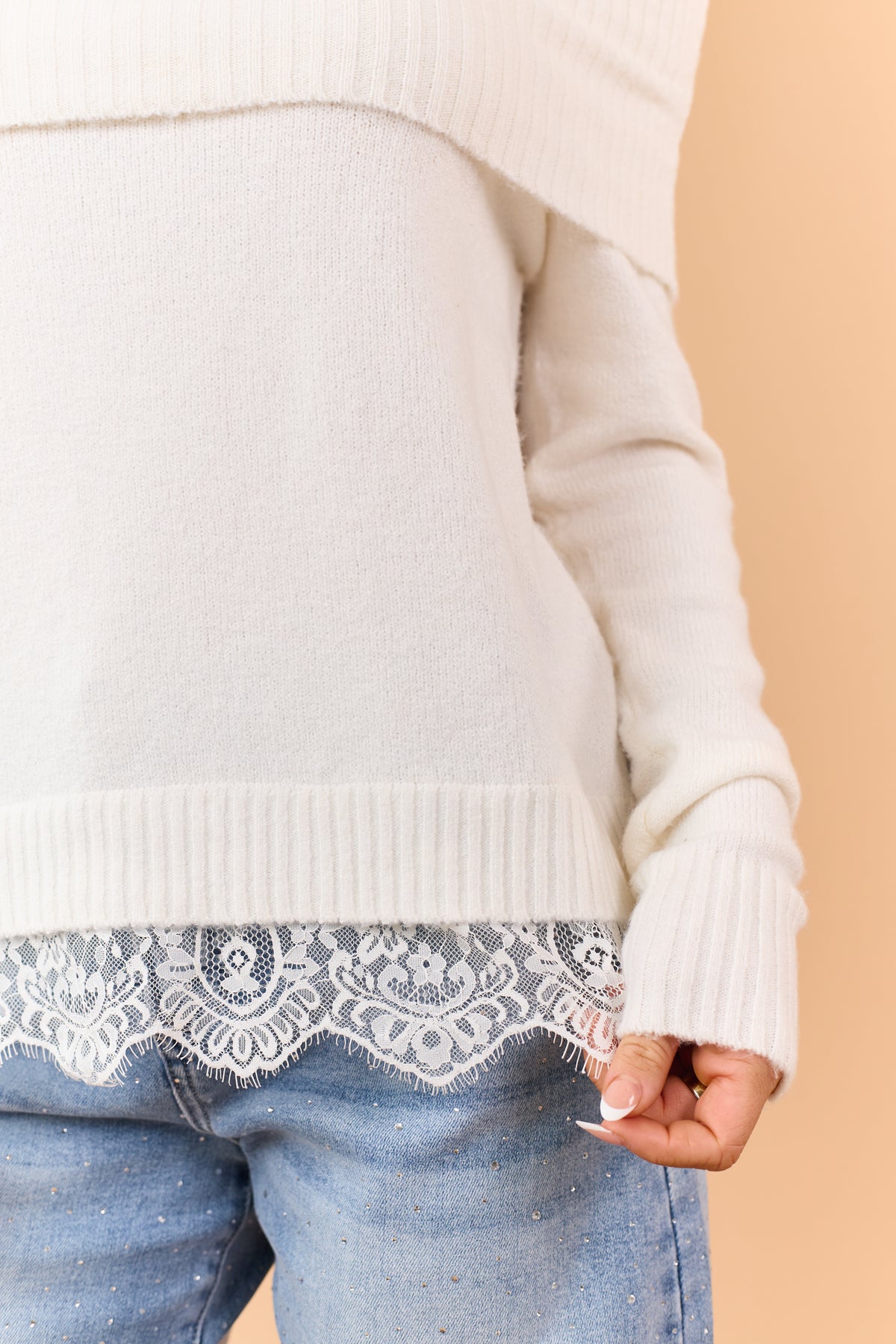 Ivory Rib Knit Off Shoulder Lace Hem Sweater