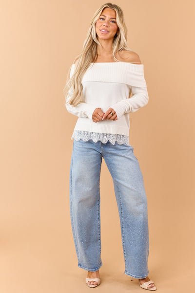 Ivory Rib Knit Off Shoulder Lace Hem Sweater
