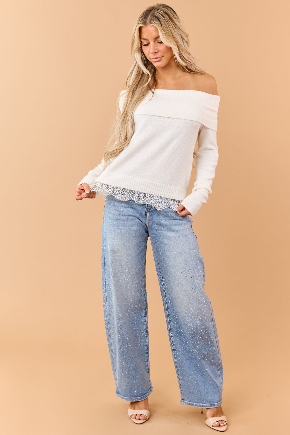 Ivory Rib Knit Off Shoulder Lace Hem Sweater