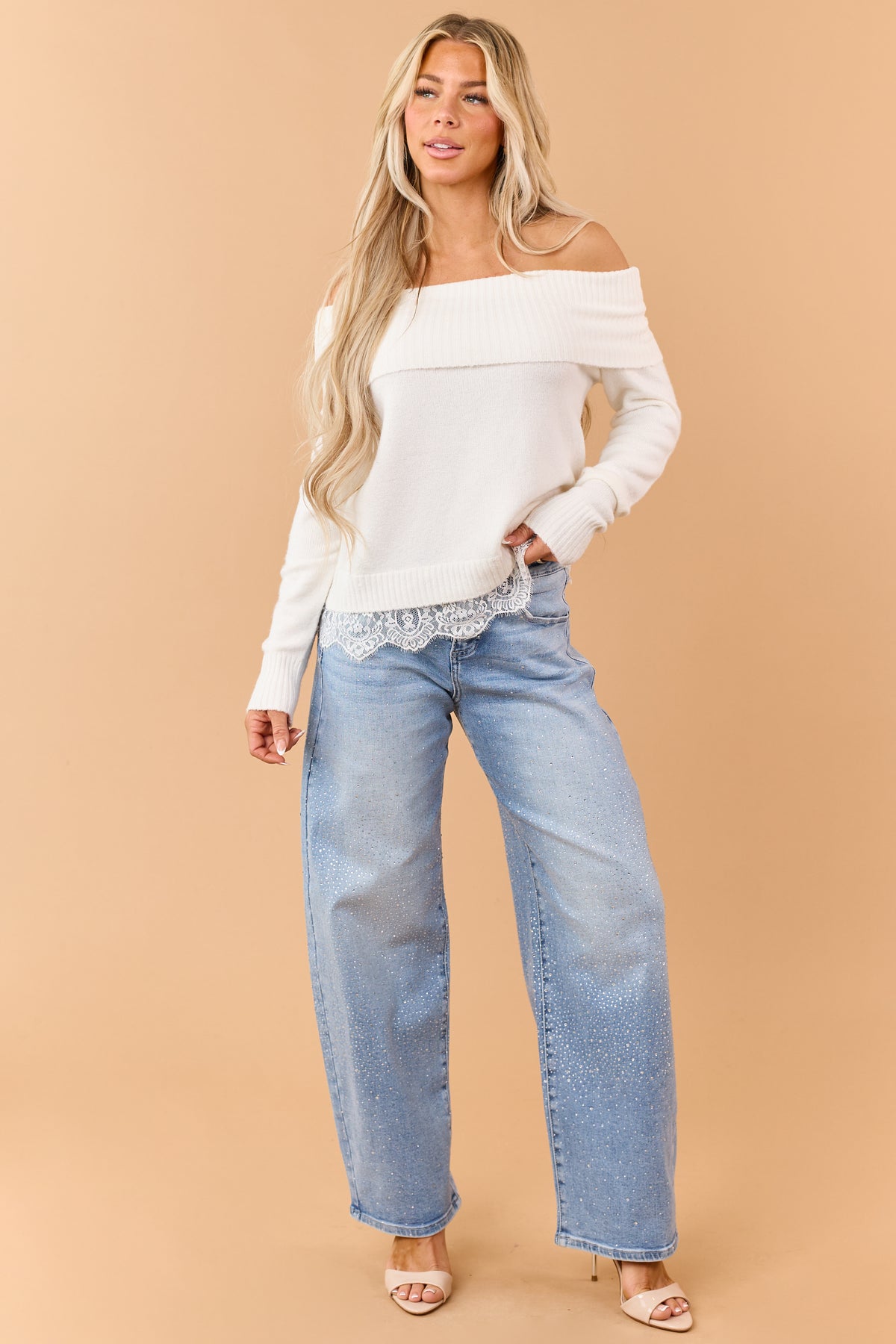 Ivory Rib Knit Off Shoulder Lace Hem Sweater