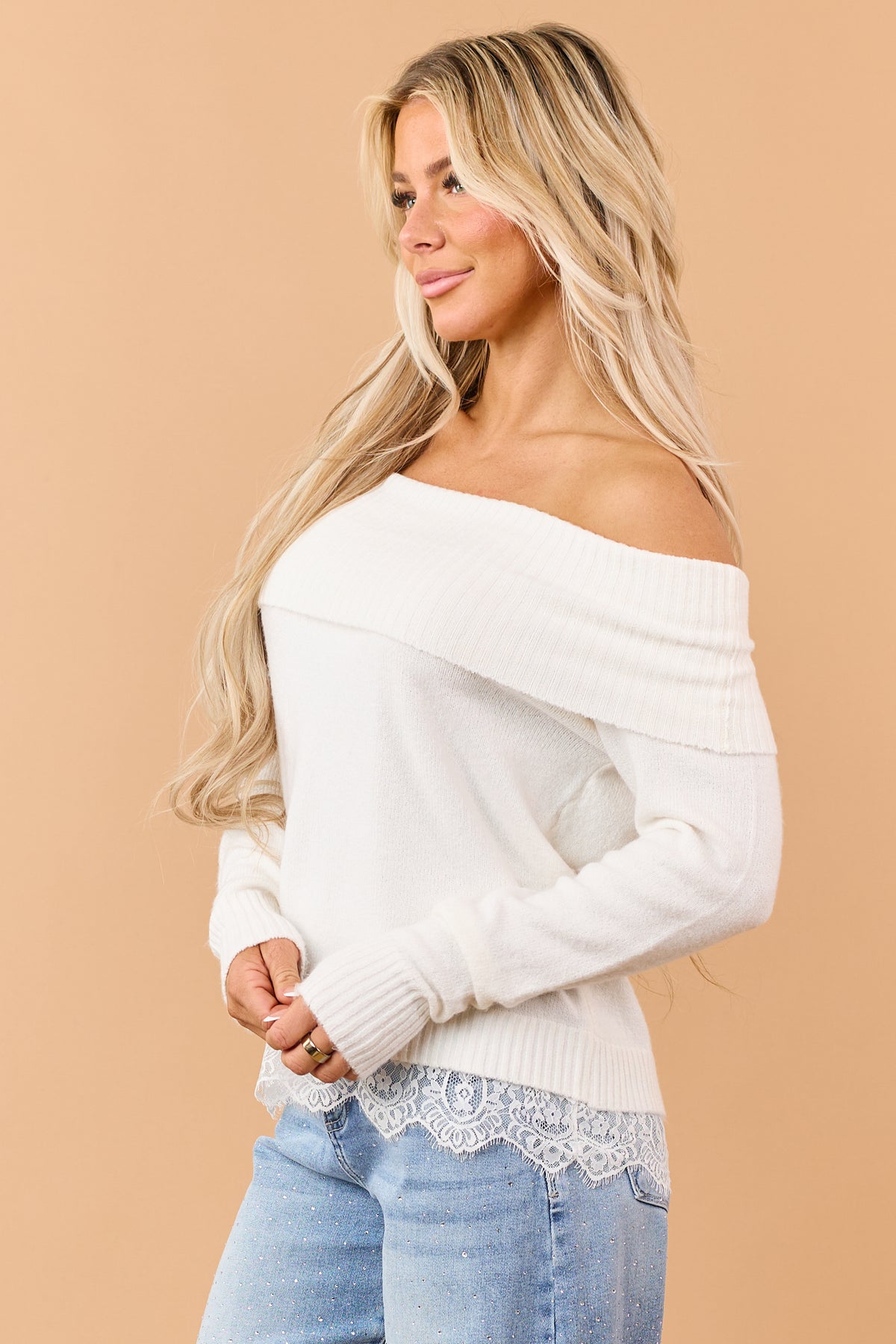 Ivory Rib Knit Off Shoulder Lace Hem Sweater