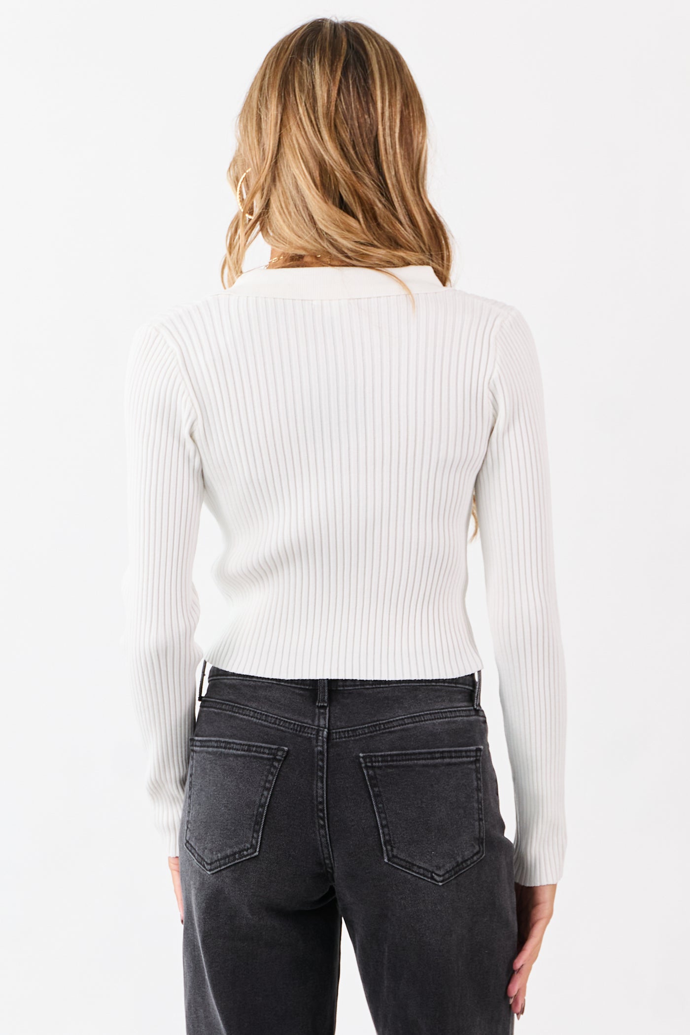 Ivory Rib Knit Polo Style Cropped Sweater