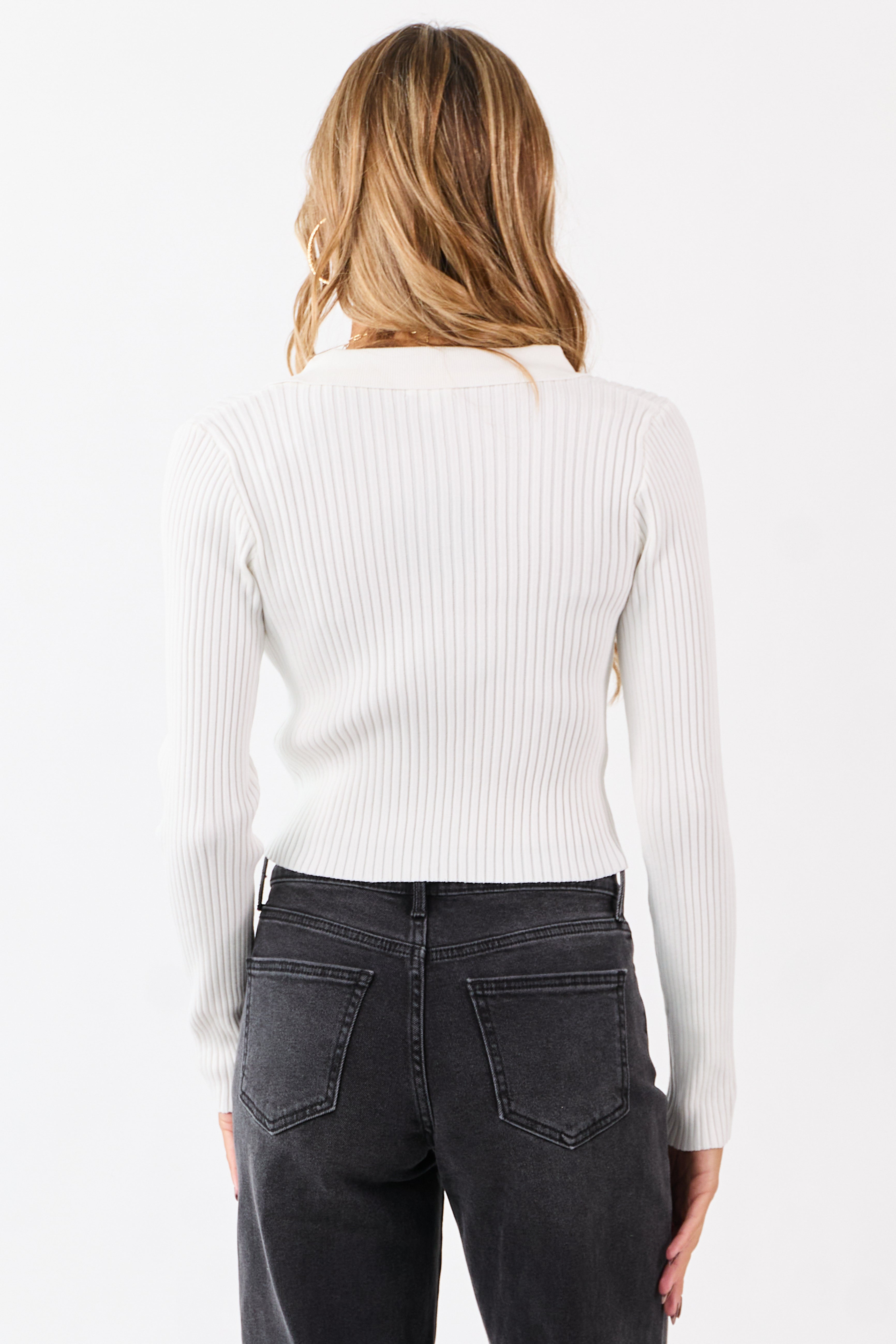 Ivory Rib Knit Polo Style Cropped Sweater