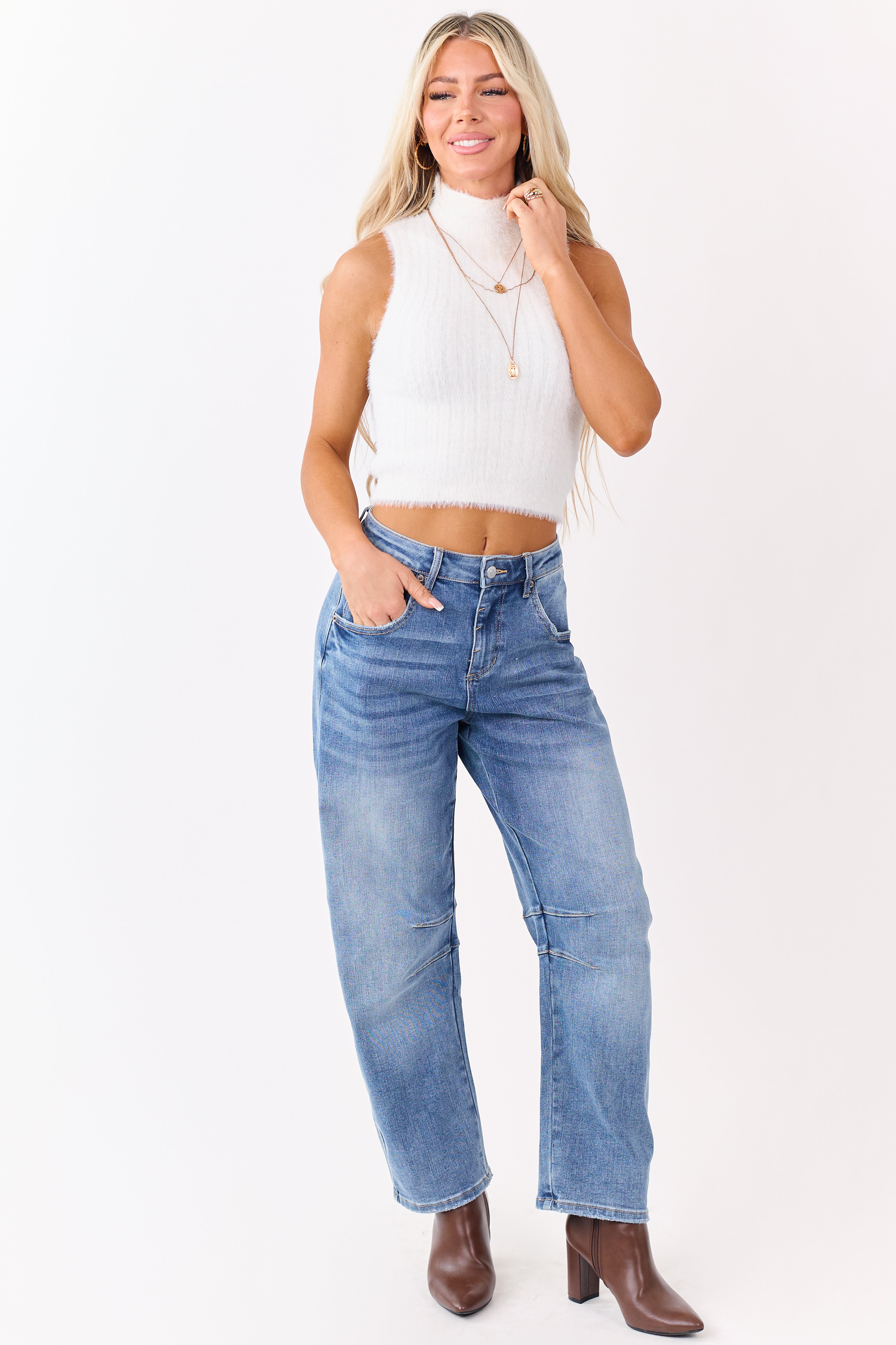 Ivory Ribbed Eyelash Knit High Neck Tank Top