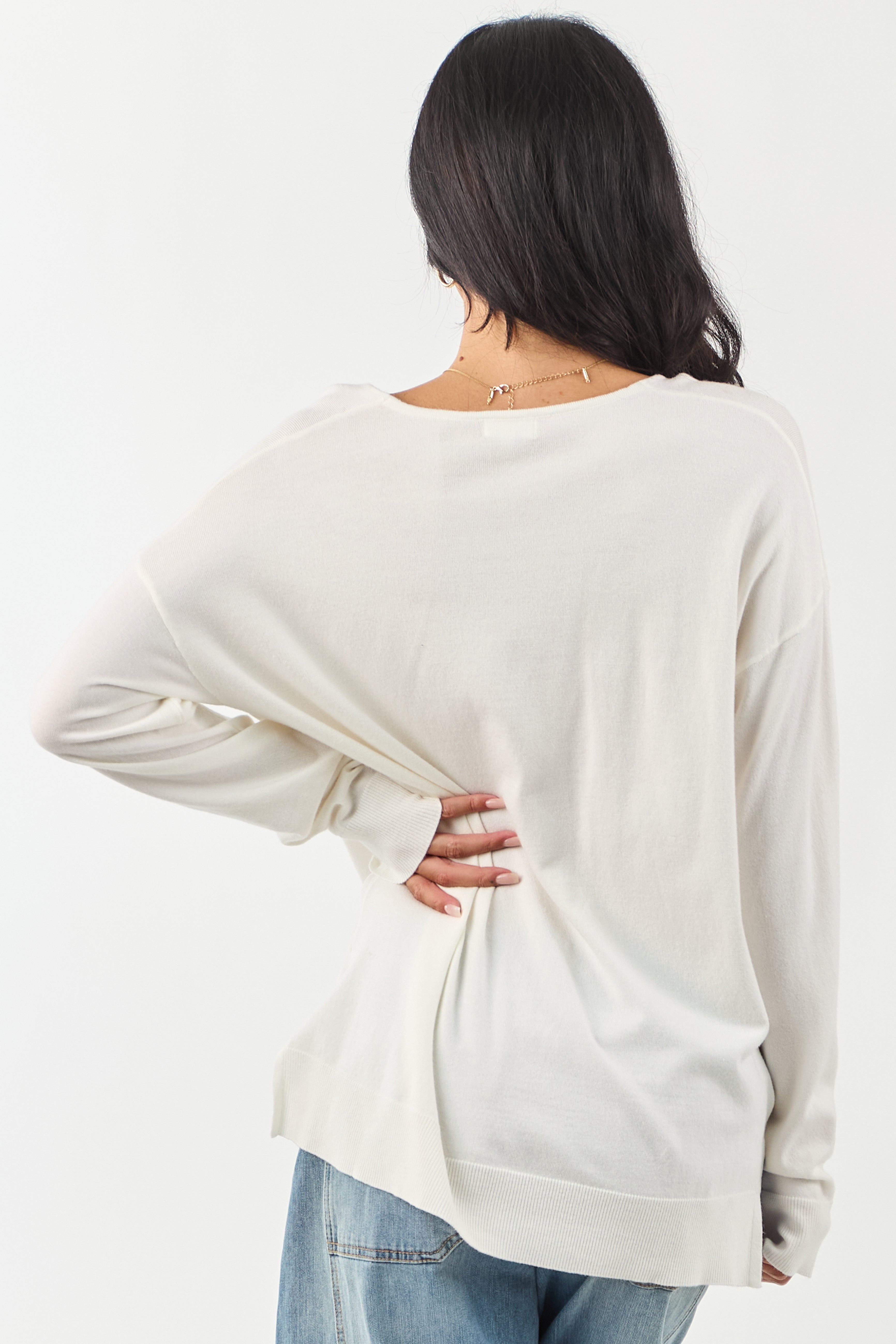 Ivory Ribbed Knit Relaxed V Neck Sweater Top