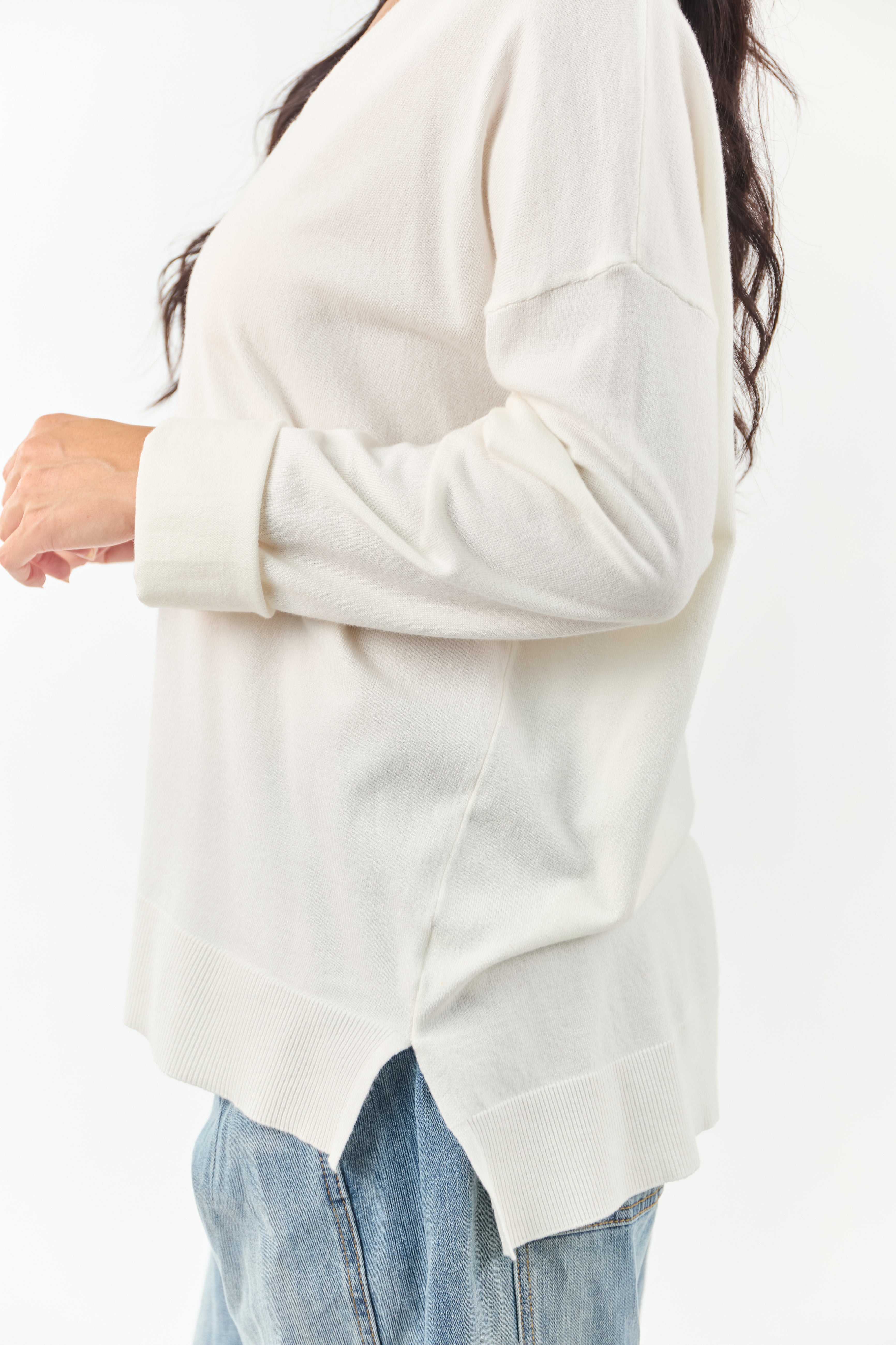 Ivory Ribbed Knit Relaxed V Neck Sweater Top
