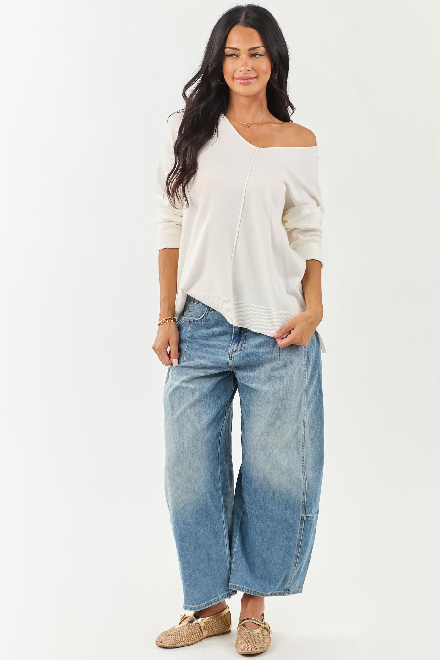 Ivory Ribbed Knit Relaxed V Neck Sweater Top
