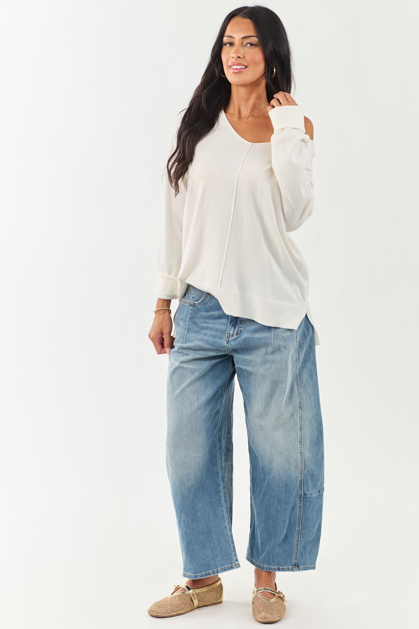 Ivory Ribbed Knit Relaxed V Neck Sweater Top