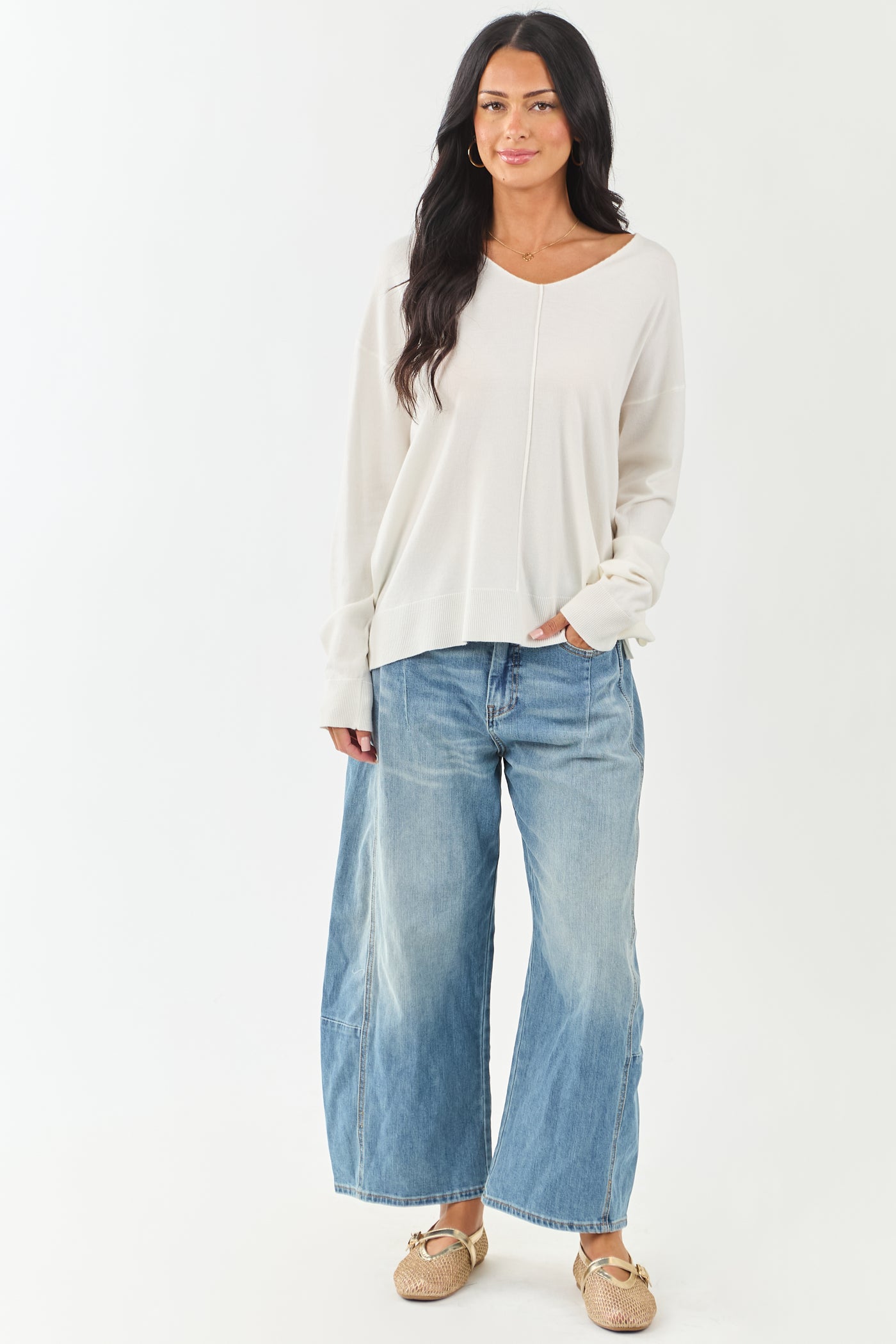 Ivory Ribbed Knit Relaxed V Neck Sweater Top