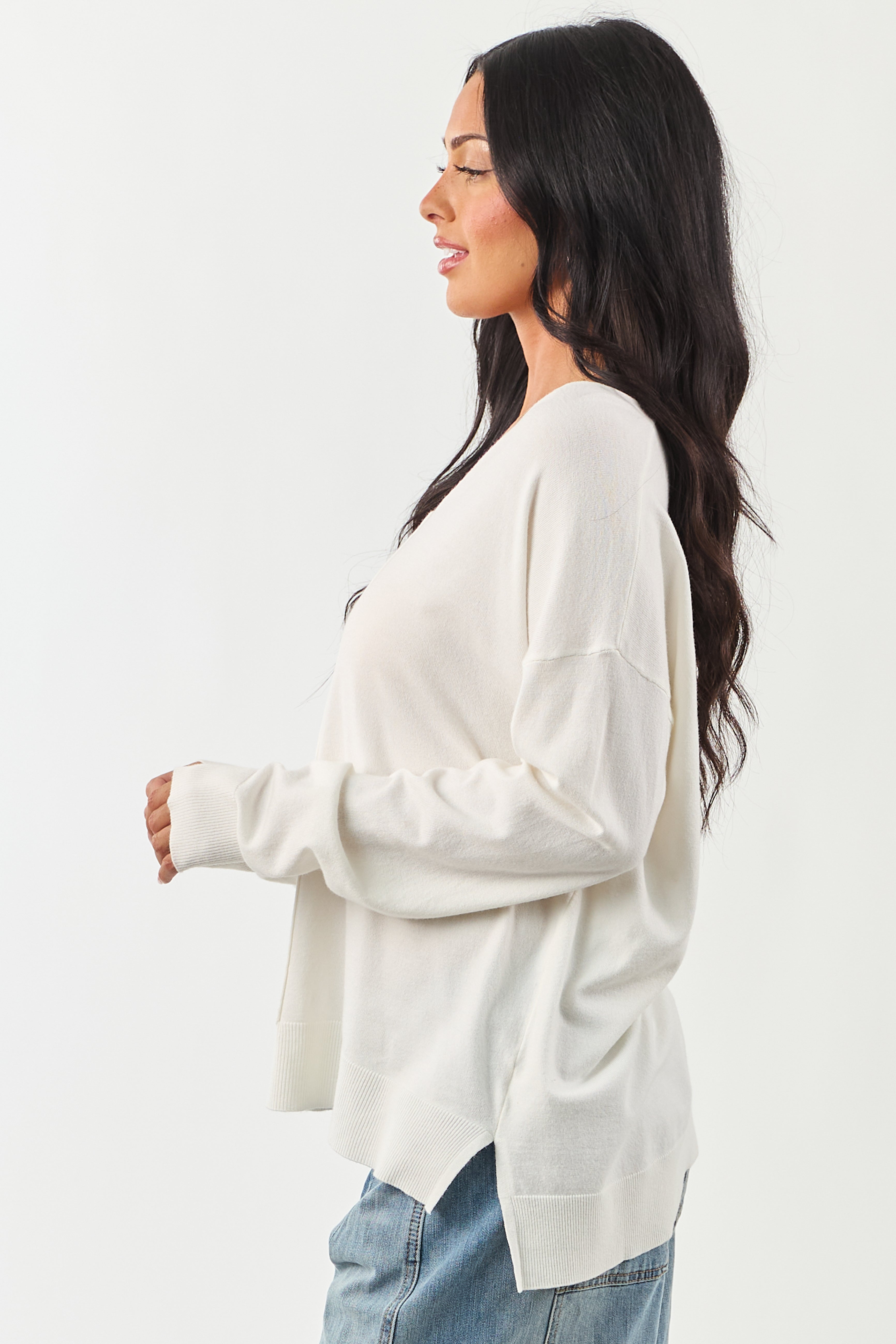 Ivory Ribbed Knit Relaxed V Neck Sweater Top