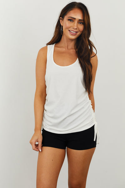 Ivory Ribbed Sleeveless Top with Ruched Side Detail