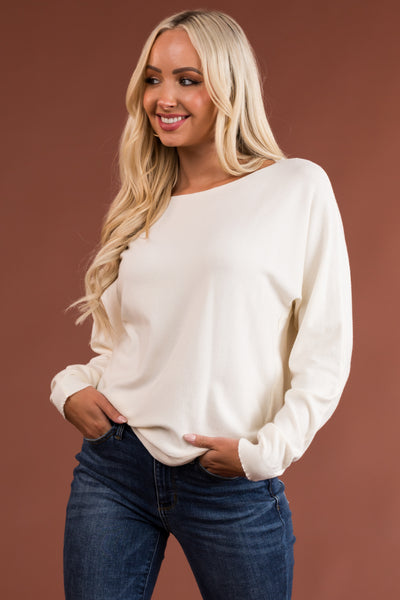Ivory Ribbed Trim Super Soft Light Sweater