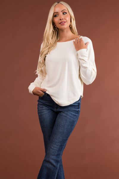 Ivory Ribbed Trim Super Soft Light Sweater